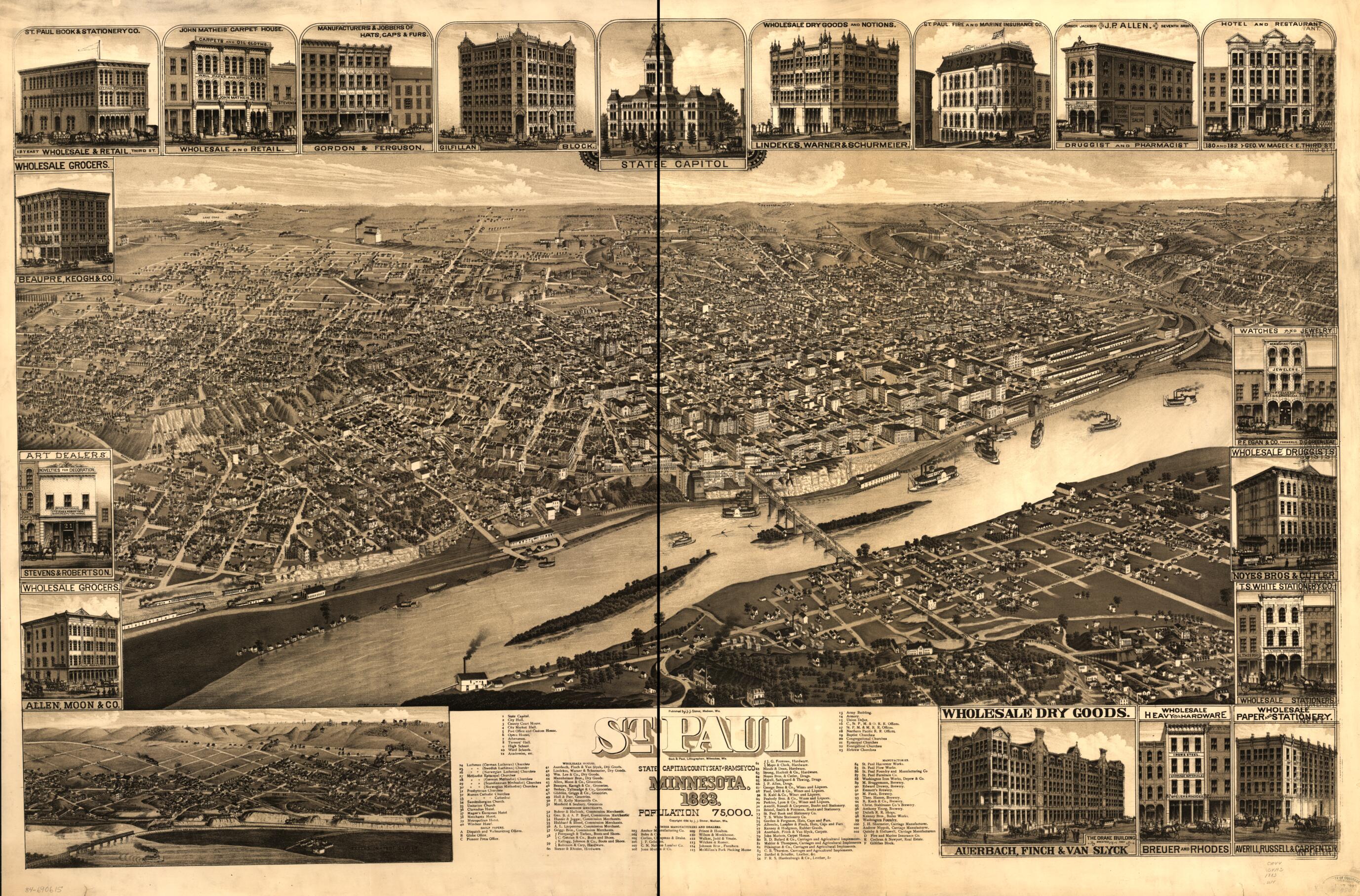 This old map of St. Paul, Minnesota from 1883 : State Capital and County Seat of Ramsey Co was created by Beck & Pauli, H. Brosius, J. J. Stoner, H. (Henry) Wellge in 1883