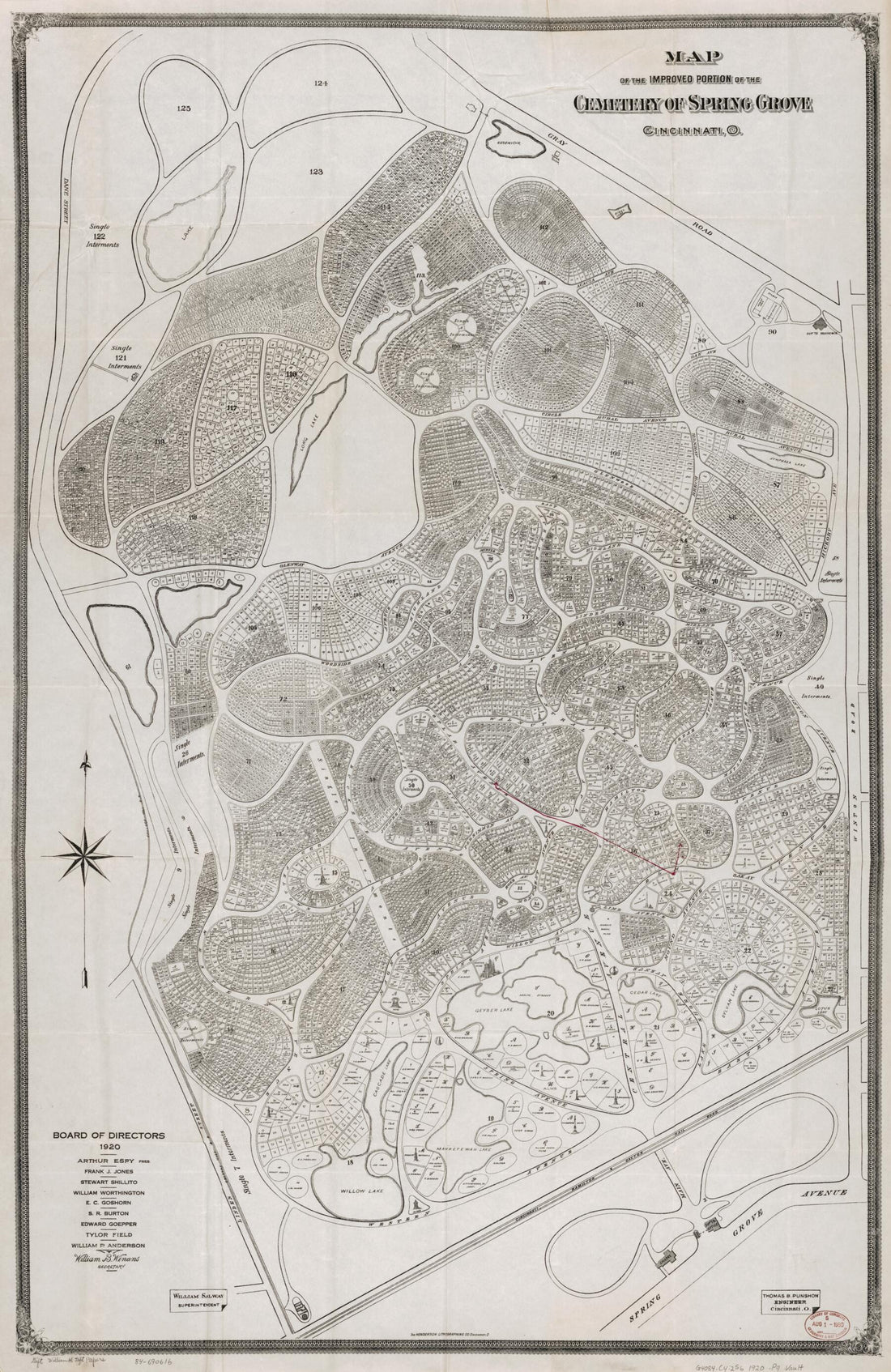 This old map of Map of the Improved Portion of the Cemetery of Spring Grove, Cincinnati, Ohio from 1920 was created by Henderson Lithographing Co, Thomas B. Punshon, William H. (William Howard) Taft in 1920