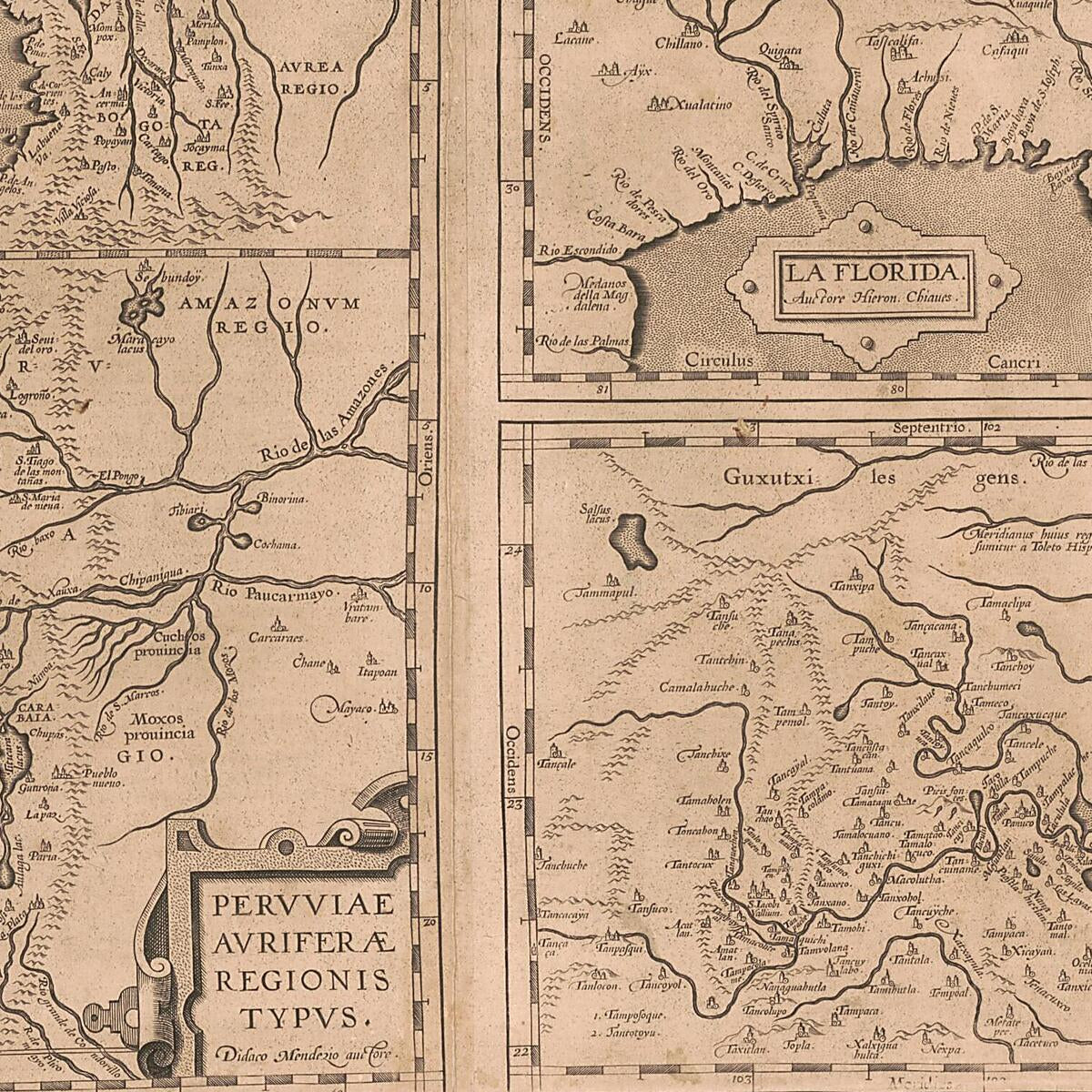 This old map of Pervviae Avriferae Regionis Typvs / La Florida / Auctore Hieron. Chiaues ; Gvastecan Reg. (Peruuiae Auriferae Regionis Typus, Florida, Gvastecan Reg, Guastecan Reg) from 1598 was created by  Museum, Geronimo Chaves, Diego Hurtado De Mendo