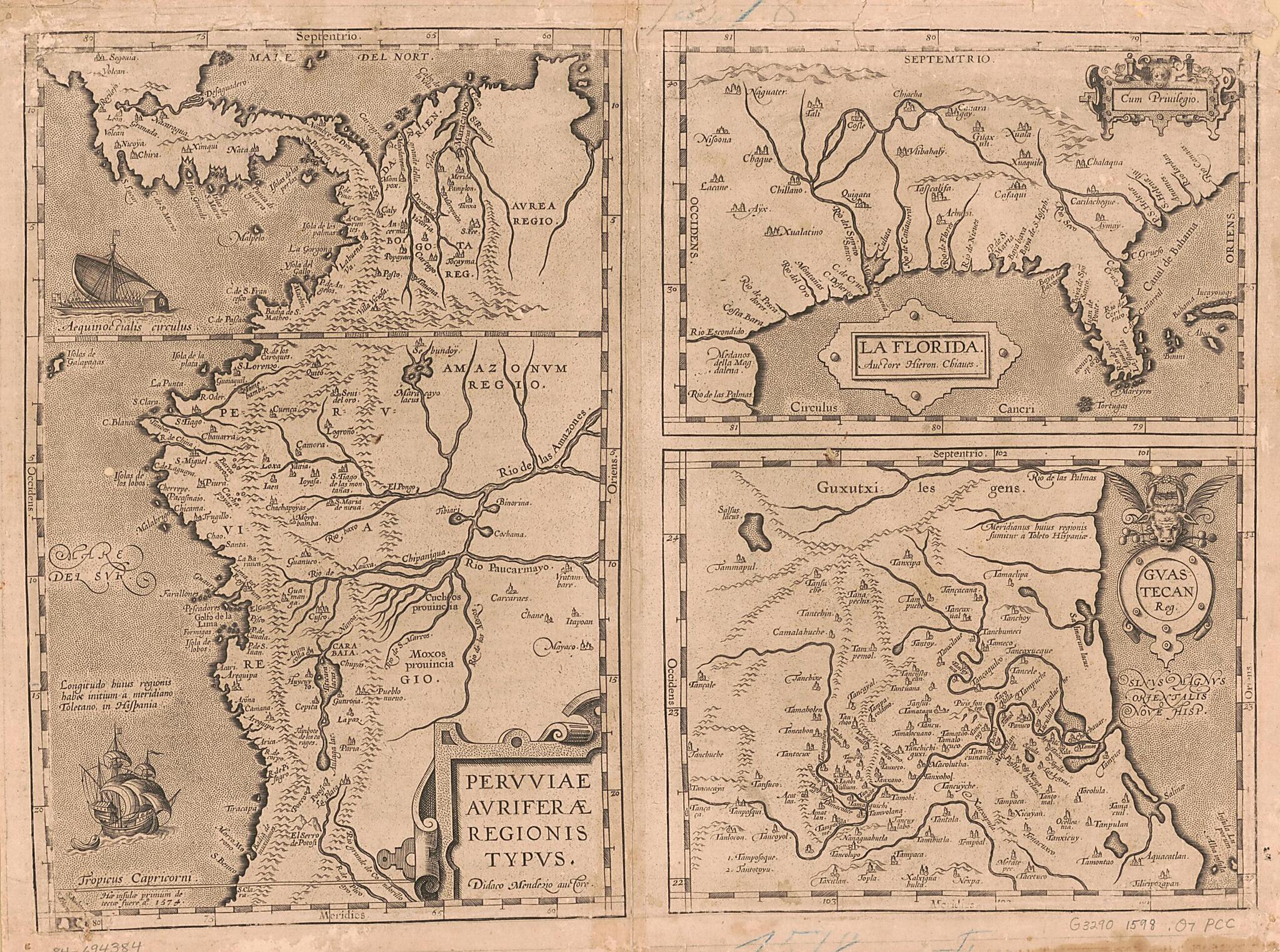 This old map of Pervviae Avriferae Regionis Typvs / La Florida / Auctore Hieron. Chiaues ; Gvastecan Reg. (Peruuiae Auriferae Regionis Typus, Florida, Gvastecan Reg, Guastecan Reg) from 1598 was created by Museum, Geronimo Chaves, Diego Hurtado De Mendo