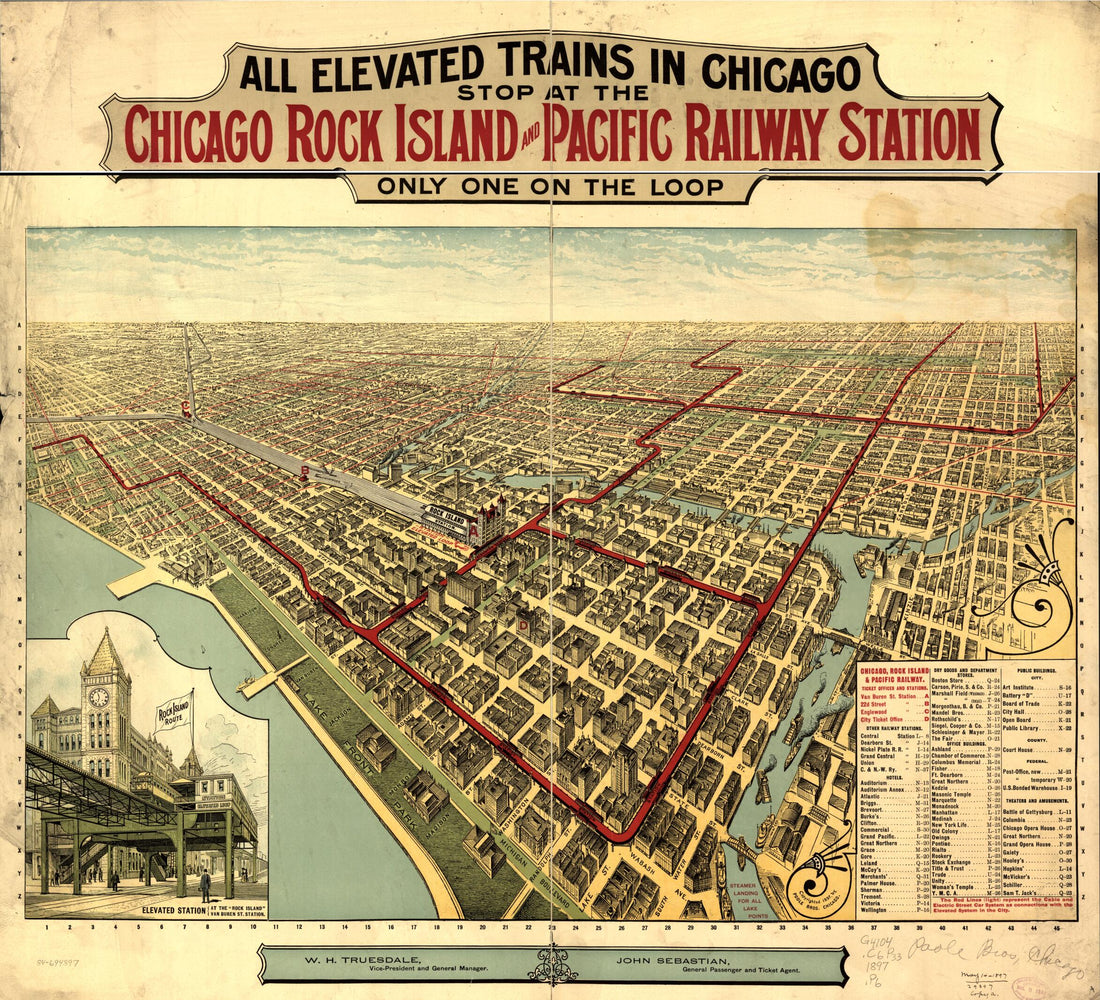 This old map of All Elevated Trains In Chicago Stop at the Chicago Rock Island and Pacific Railway Station, Only One On the Loop from 1897 was created by Rock Island and Pacific Railway Company Chicago, Poole Brothers in 1897