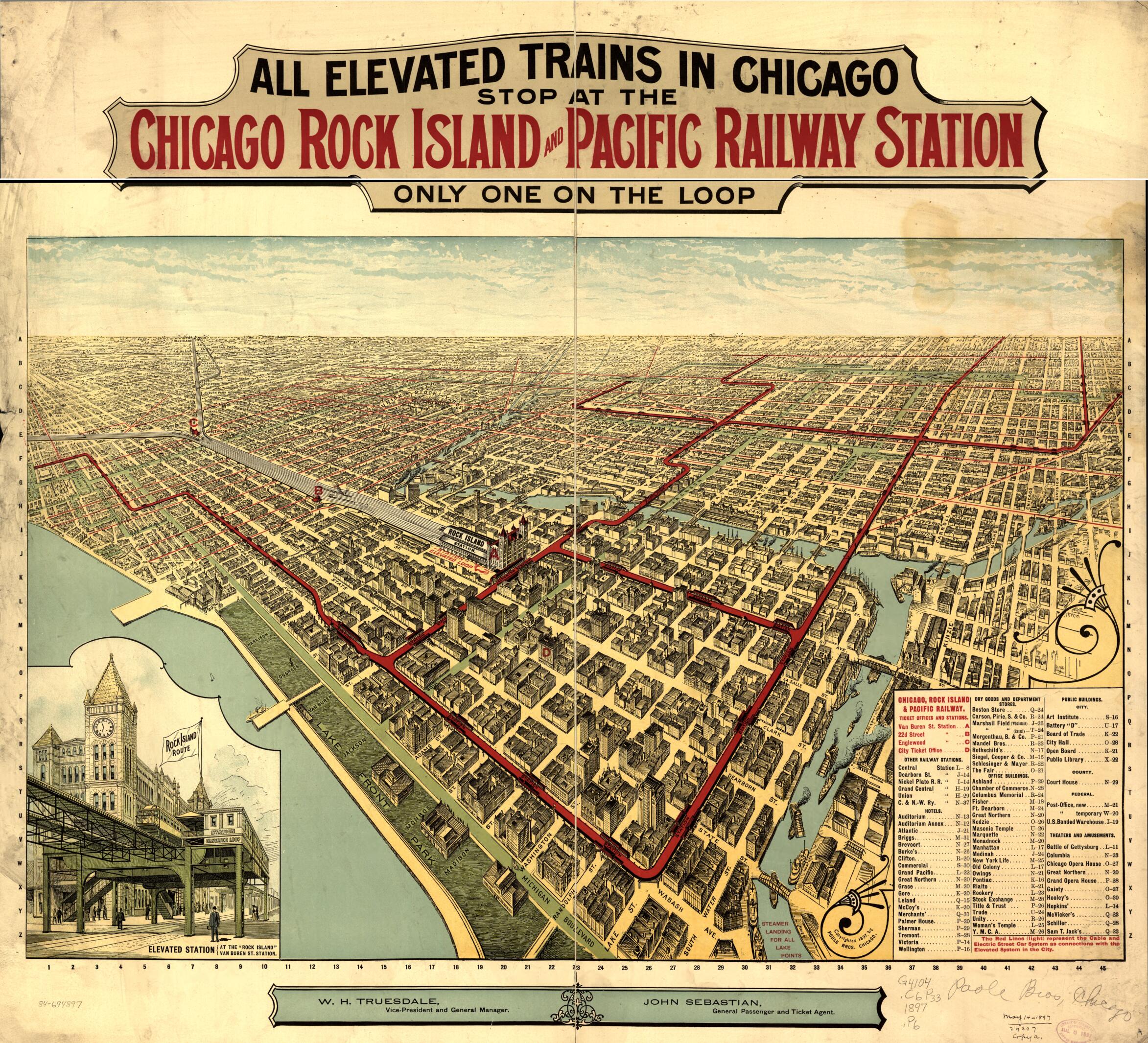 This old map of All Elevated Trains In Chicago Stop at the Chicago Rock Island and Pacific Railway Station, Only One On the Loop from 1897 was created by Rock Island and Pacific Railway Company Chicago, Poole Brothers in 1897