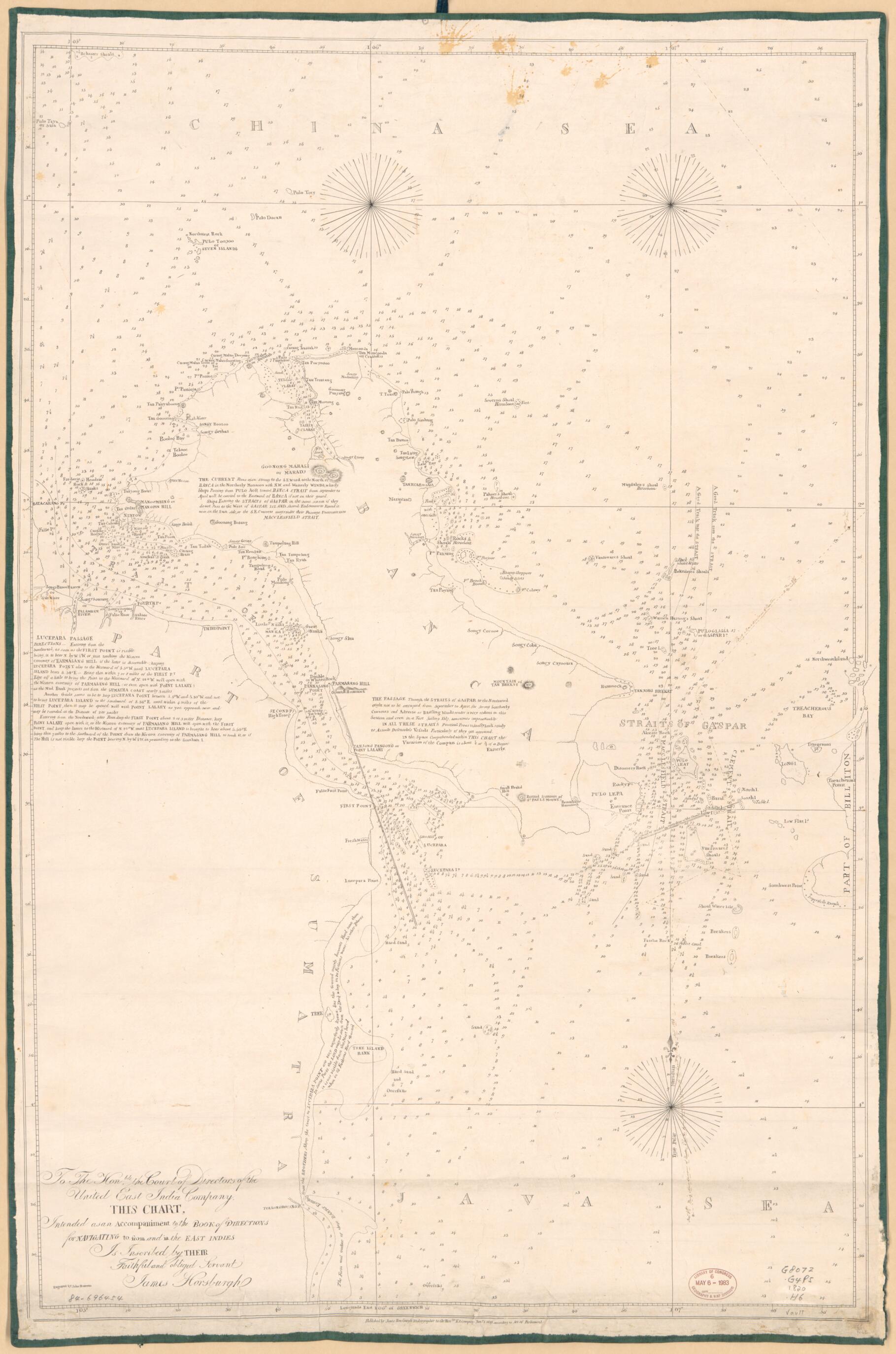 This old map of Chart of the Straits of Gaspar, Straits of Banca, and Adjacent Areas of the China and Java Seas from 1820 was created by J. (John) Bateman, James Horsburgh in 1820