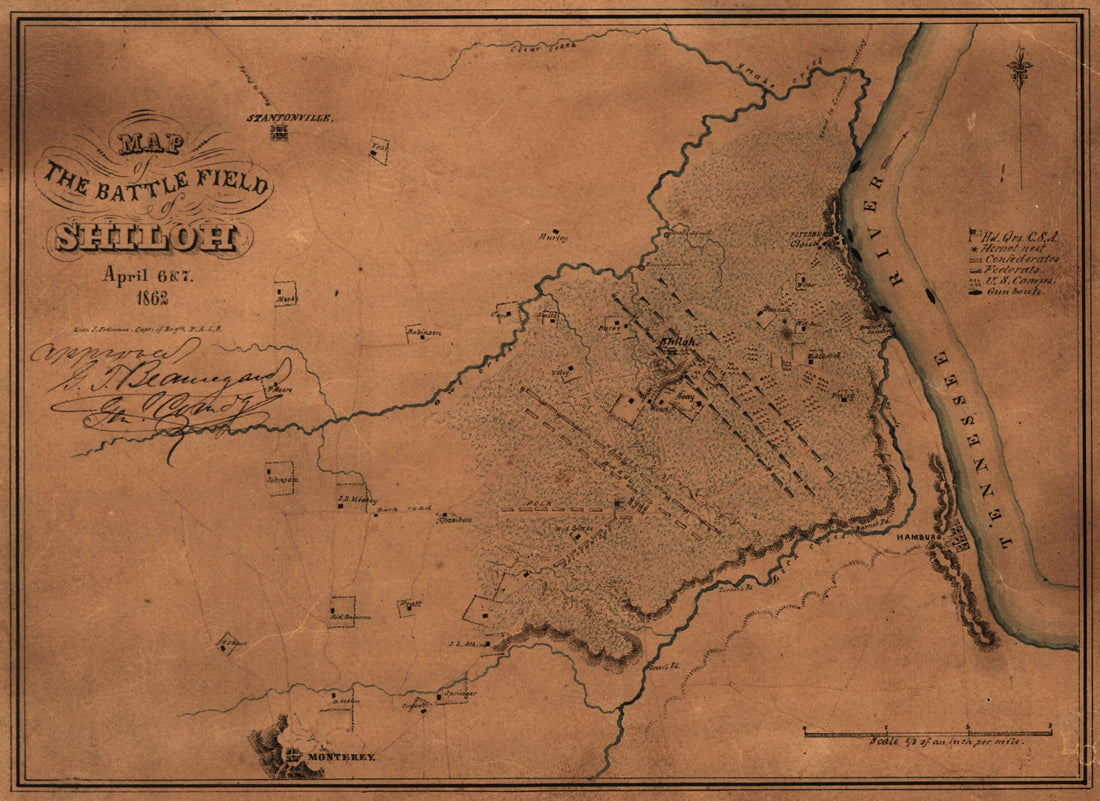 This old map of Map of the Battle Field of Shiloh, April 6 & 7, from 1862 was created by G. T. (Gustave Toutant) Beauregard, Léon Joseph Frémaux in 1862