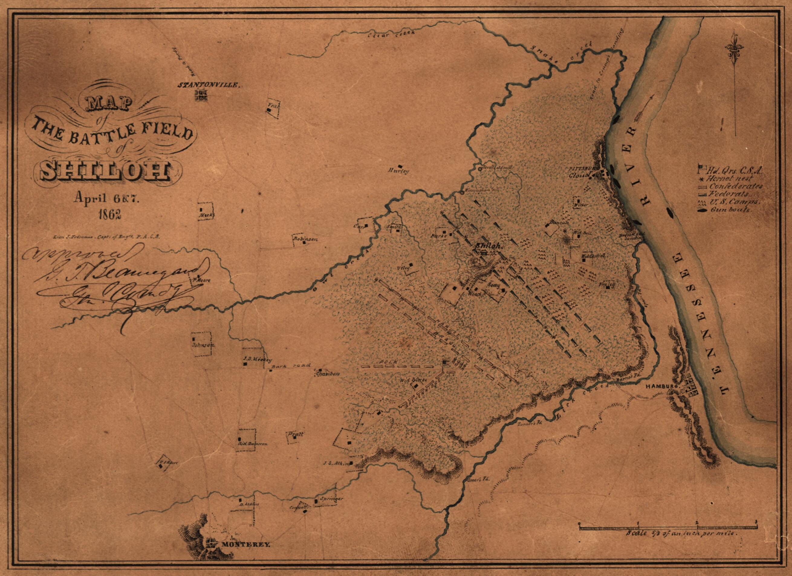 This old map of Map of the Battle Field of Shiloh, April 6 & 7, from 1862 was created by G. T. (Gustave Toutant) Beauregard, Léon Joseph Frémaux in 1862