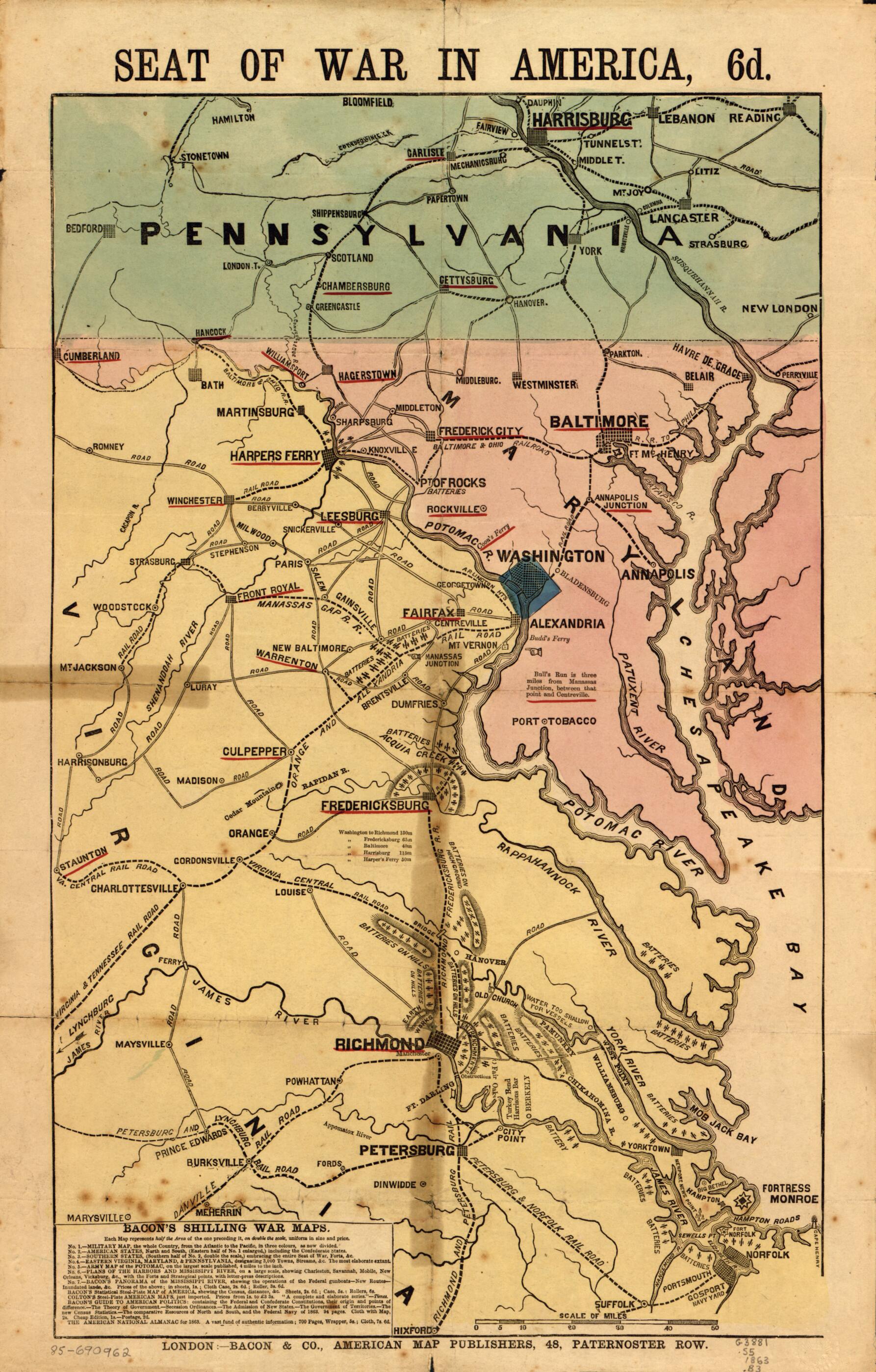 This old map of Seat of War In America, 6d from 1863 was created by Bacon & Co in 1863