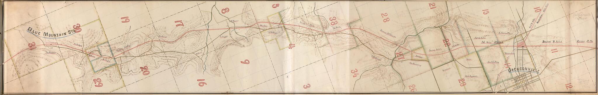 This old map of Map of the Alabama and Tennessee River Railroad Between Blue Mountain Station and Jacksonville, Calhoun County, Alabama from 1864 was created by Alabama and Tennessee River Railroad, George Wadsworth in 1864