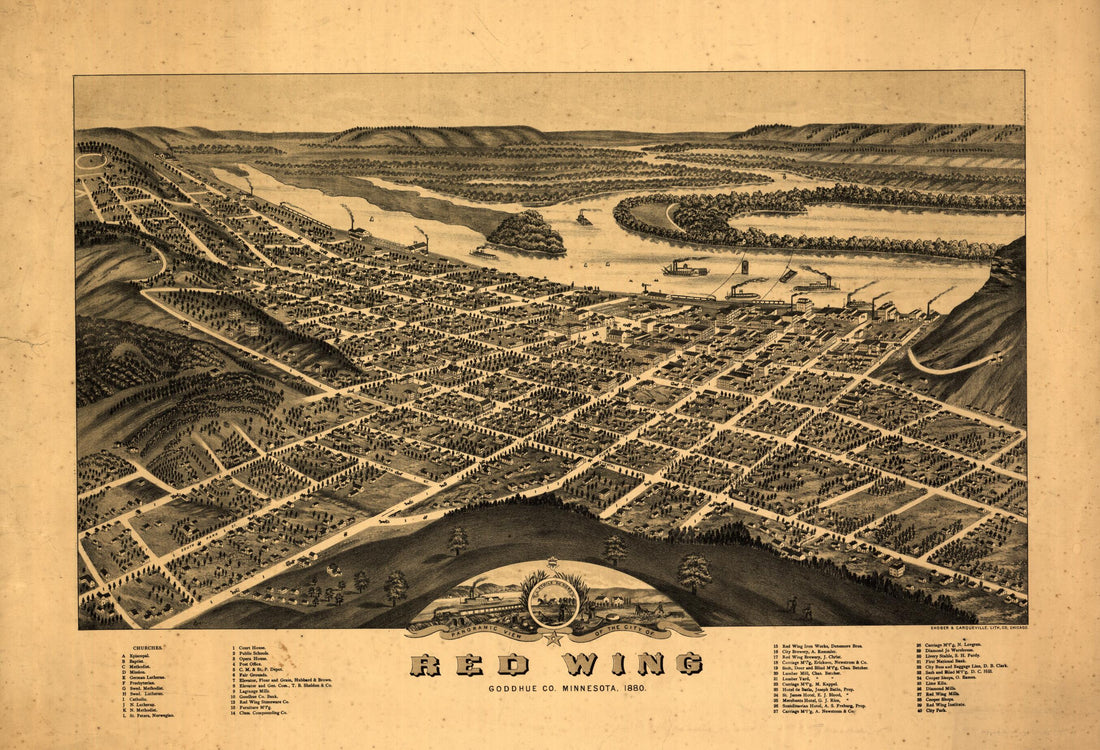 This old map of Panoramic View of the City of Red Wing, Goddhue sic County, Minnesota, from 1880 was created by Shober & Carqueville in 1880