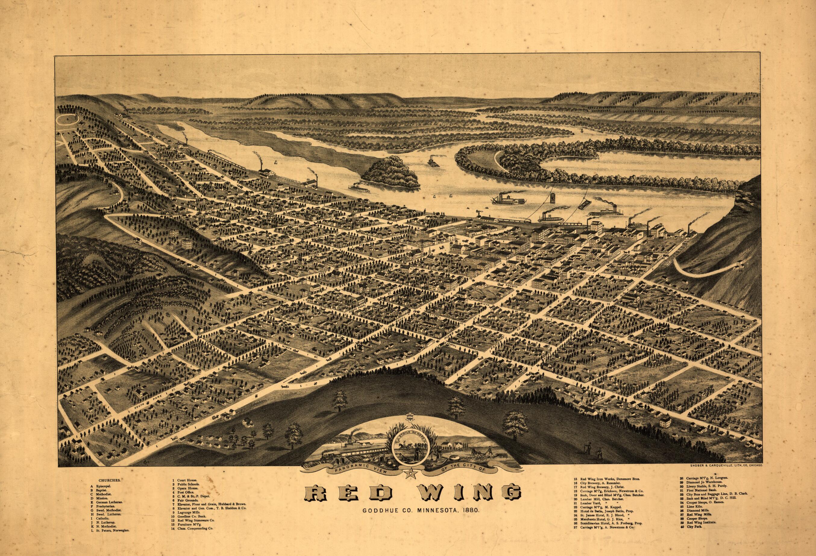 This old map of Panoramic View of the City of Red Wing, Goddhue sic County, Minnesota, from 1880 was created by Shober & Carqueville in 1880