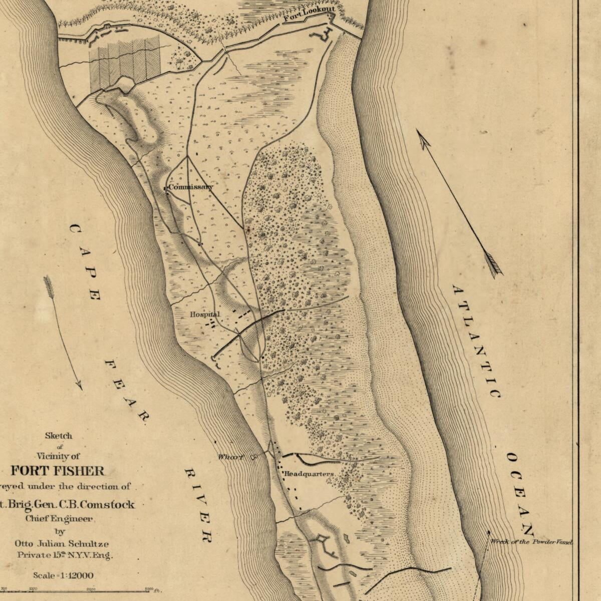 This old map of Sketch of Vicinity of Fort Fisher from 1865 was created by C. B. (Cyrus Ballou) Comstock, E. Molitor, O. M. (Orlando Metcalfe) Poe, Otto Julian Schultze,  United States. War Department. Engineer Bureau in 1865