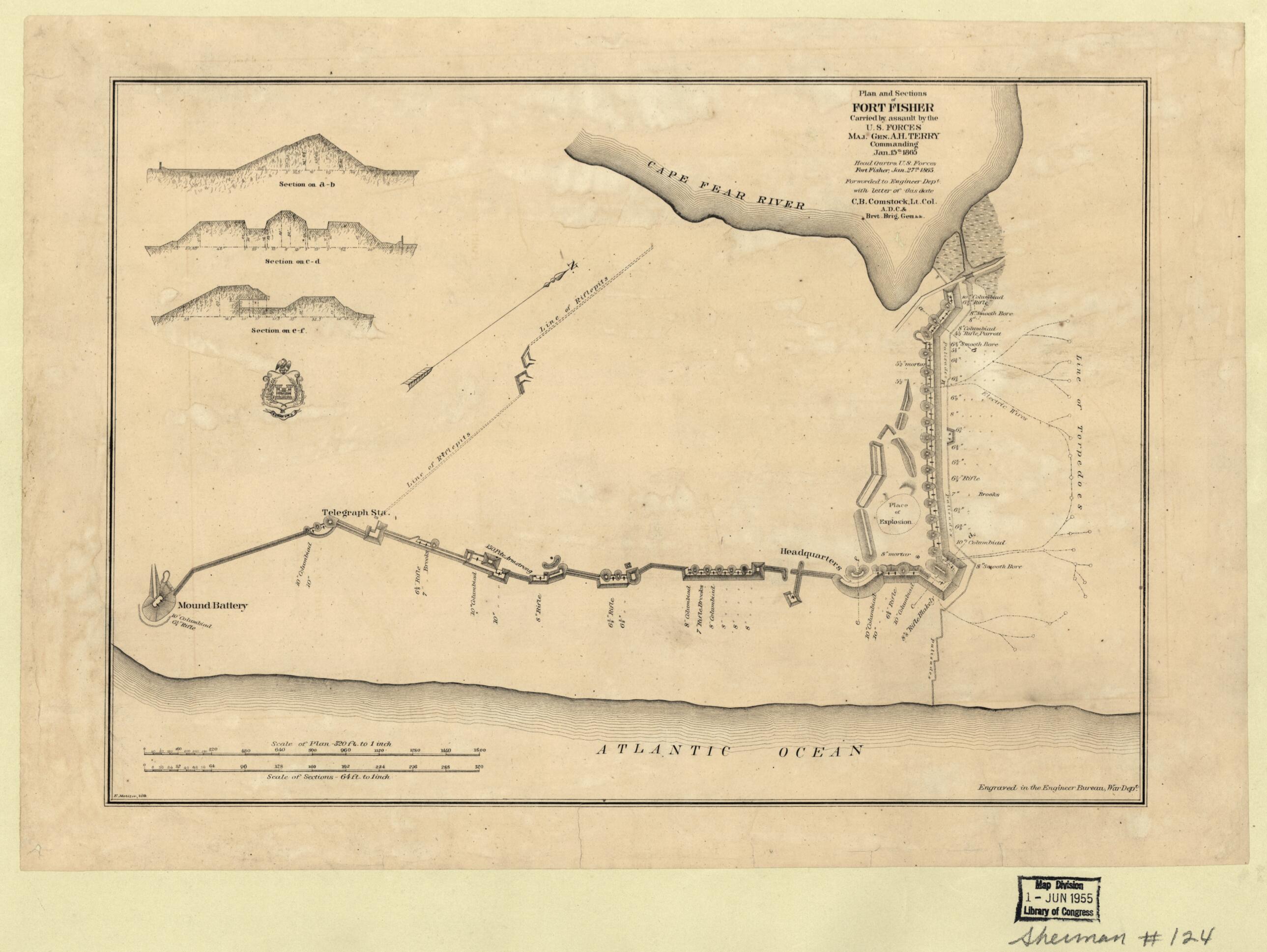 This old map of Plan and Sections of Fort Fisher, Carried by Assault by the U.S. Forces, Maj. Gen. A.H. Terry Commanding, Jan. 15th, from 1865 was created by C. B. (Cyrus Ballou) Comstock, E. Molitor, O. M. (Orlando Metcalfe) Poe, United States. War Dep