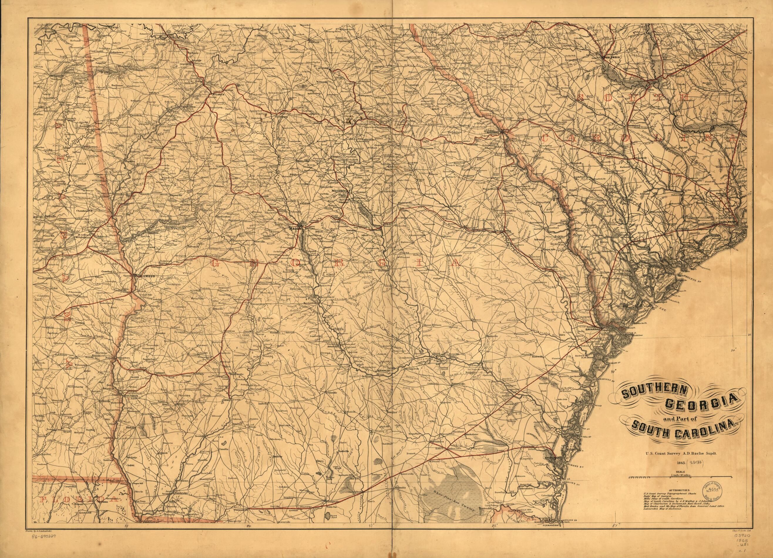This old map of Southern Georgia and Part of South Carolina from 1865 was created by A. D. (Alexander Dallas) Bache, Charles G. Krebs, A. Lindenkohl, United States Coast Survey in 1865