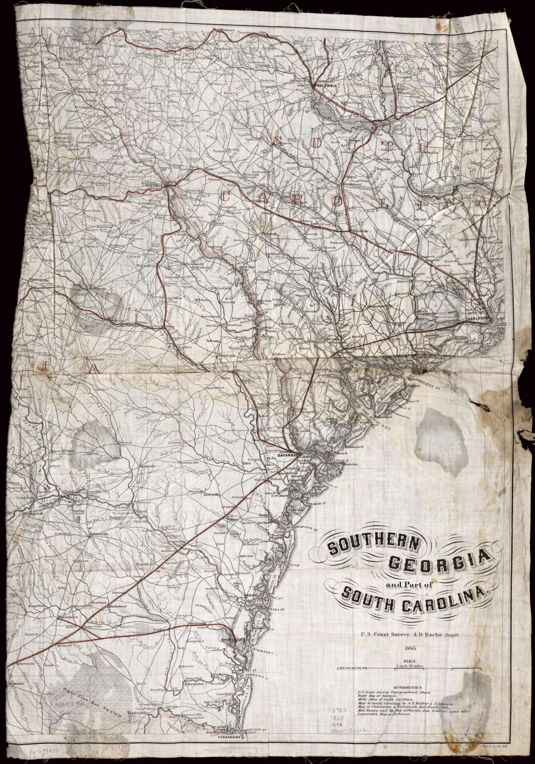 This old map of Southern Georgia and Part of South Carolina from 1865 was created by A. D. (Alexander Dallas) Bache, Charles G. Krebs, A. Lindenkohl, O. M. (Orlando Metcalfe) Poe, United States Coast Survey in 1865