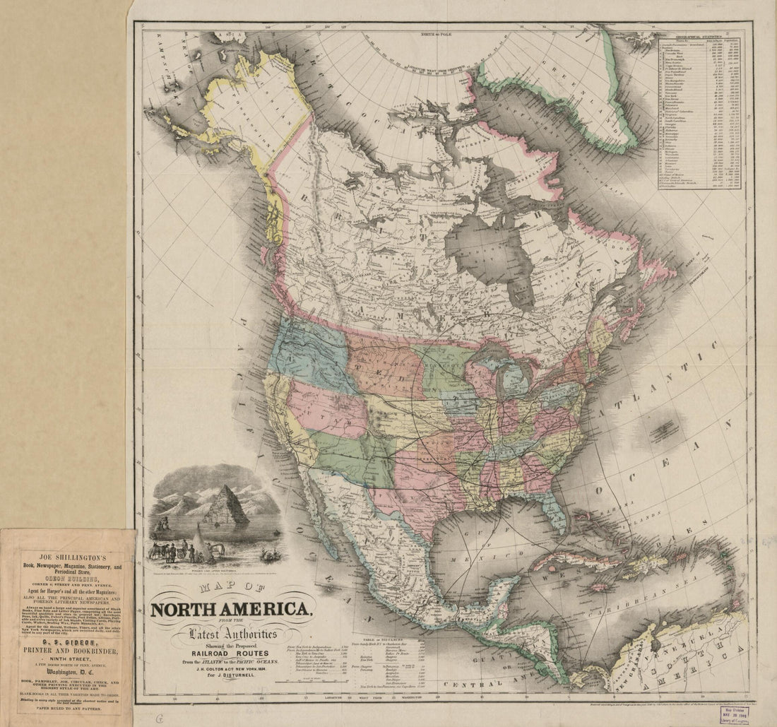 This old map of Map of North America from the Latest Authorities, Showing the Proposed Railroad Routes from the Atlantic to the Pacific Oceans from 1854 was created by Nathaniel Prentiss Banks, John Disturnell, J.H. Colton & Co in 1854