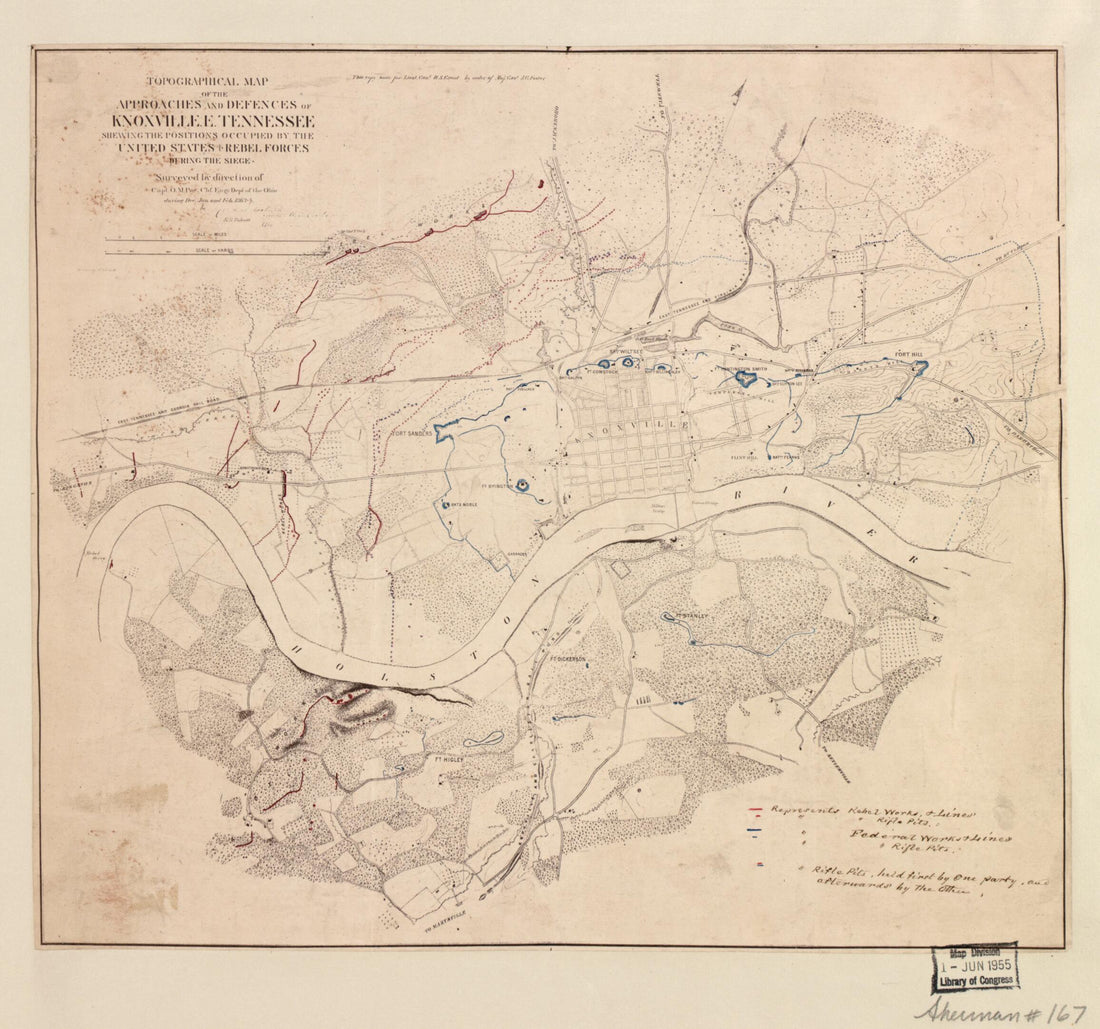 This old map of Topographical Map of the Approaches and Defences of Knoxville, E. Tennessee, Shewing the Positions Occupied by the United States & Rebel Forces During the Siege from 1864 was created by O. M. (Orlando Metcalfe) Poe, Cleveland Rockwell, R.