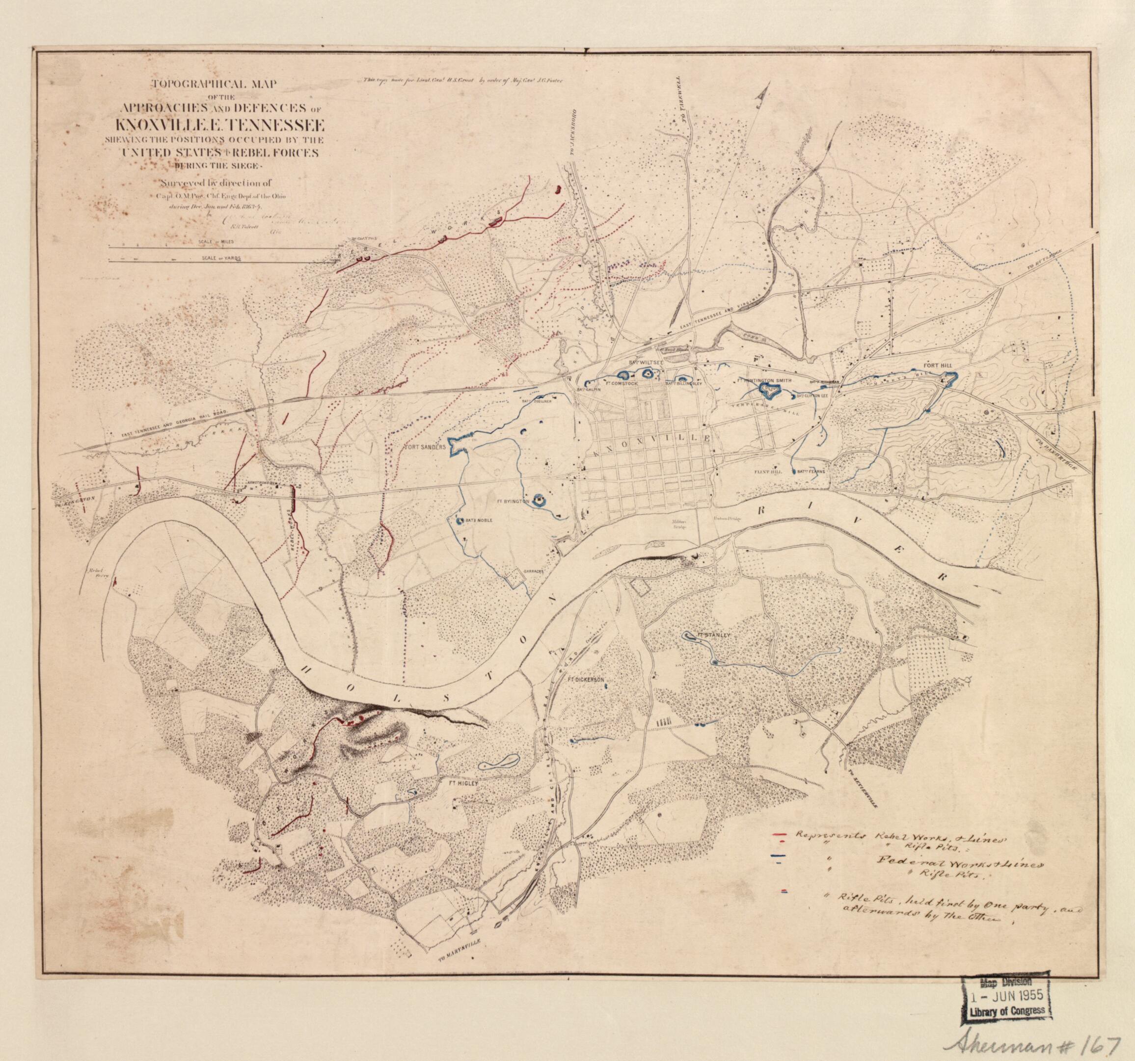 This old map of Topographical Map of the Approaches and Defences of Knoxville, E. Tennessee, Shewing the Positions Occupied by the United States & Rebel Forces During the Siege from 1864 was created by O. M. (Orlando Metcalfe) Poe, Cleveland Rockwell, R. H. Talcott in 1864