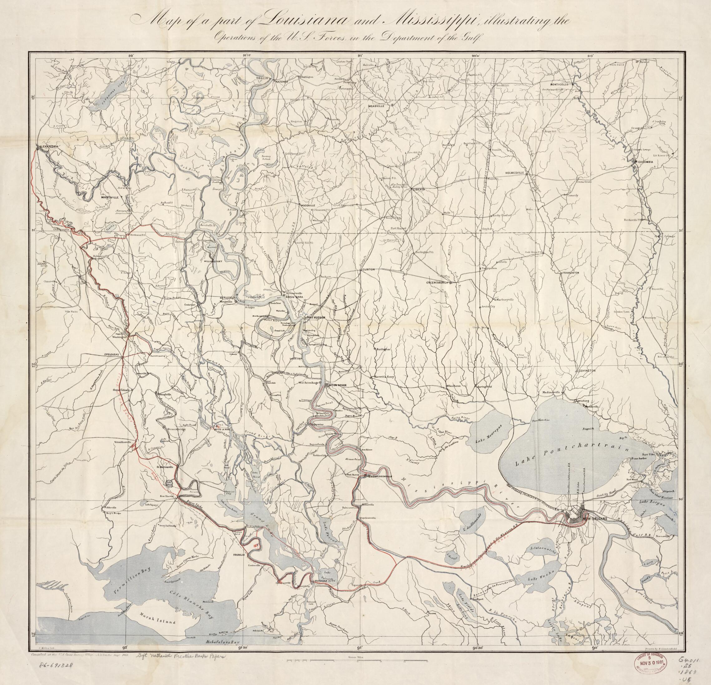 This old map of Map of a Part of Louisiana and Mississippi, Illustrating the Operations of the U.S. Forces In the Department of the Gulf from 1863 was created by A. D. (Alexander Dallas) Bache, Nathaniel Prentiss Banks, H. (Henry) Lindenkohl, E. Molitor,