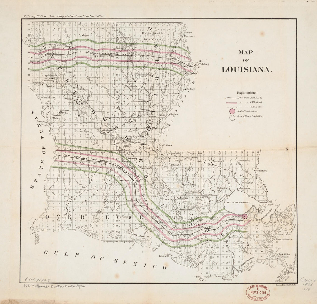 Map of Louisiana in 1865 by Relic Map Company