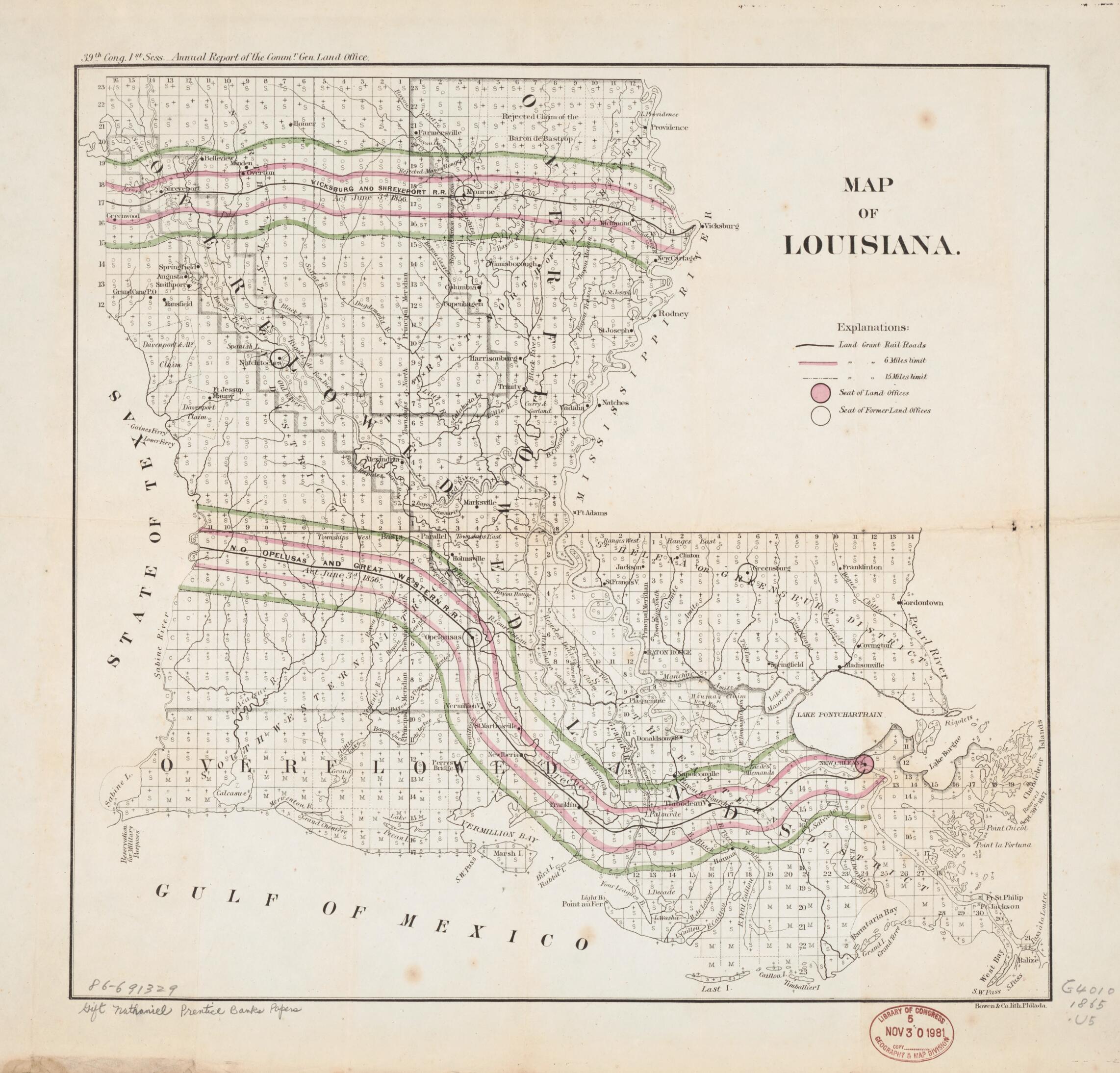 This old map of Map of Louisiana from 1865 was created by Nathaniel Prentiss Banks, Bowen & Co, United States. Congress, United States. General Land Office in 1865