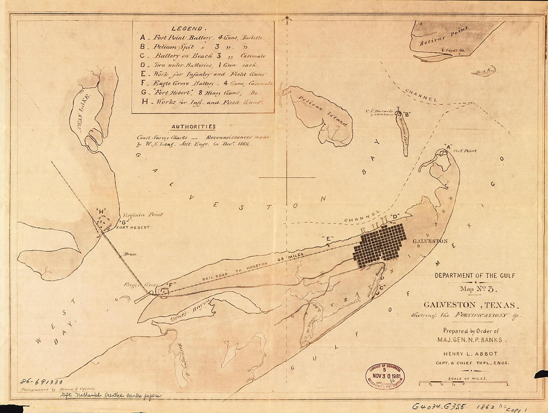This old map of Galveston, Texas, Showing the Fortifications &c from 1862 was created by Henry L. Abbot, Nathaniel Prentiss Banks, Brown & Ogilvie, United States. Army. Department of the Gulf in 1862