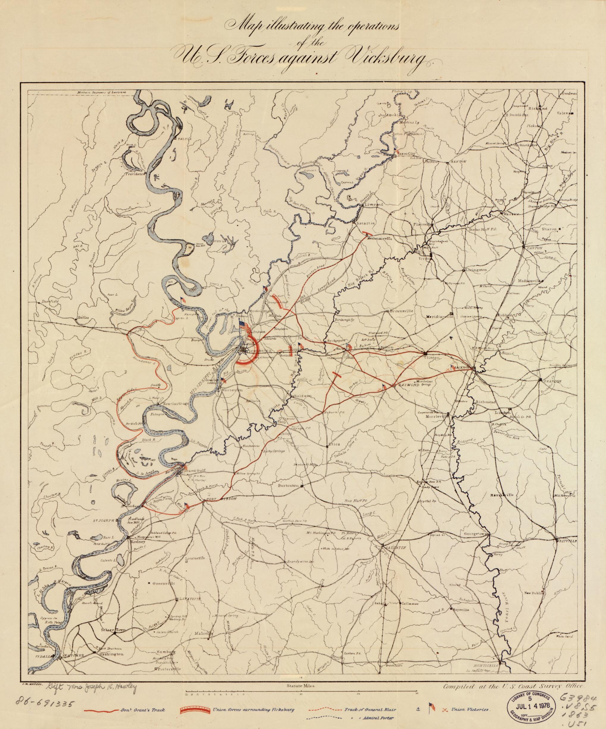 This old map of Map Illustrating the Operations of U.S. Forces Against Vicksburg from 1863 was created by Joseph R. (Joseph Roswell) Hawley, J. W. Maedel, United States Coast Survey in 1863