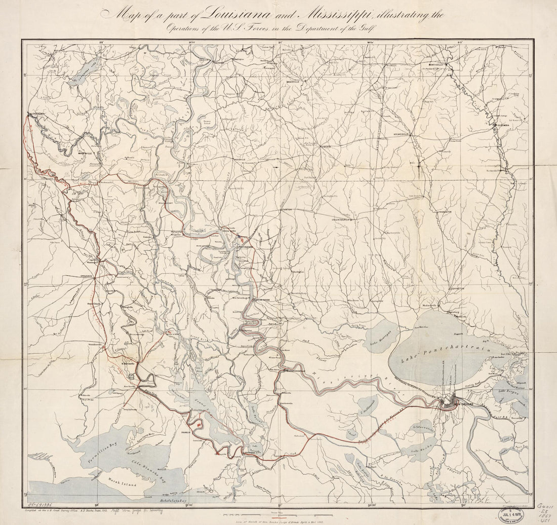 This old map of Map of a Part of Louisiana and Mississippi : Illustrating the Operations of the U.S. Forces In the Department of the Gulf from 1863 was created by A. D. (Alexander Dallas) Bache, Joseph R. (Joseph Roswell) Hawley, H. (Henry) Lindenkohl,