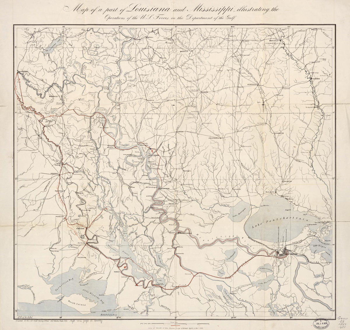 Map of a Part of Louisiana and Mississippi : Illustrating the Operations of the U.S. Forces In the Department of the Gulf 1863 by Relic Map Company