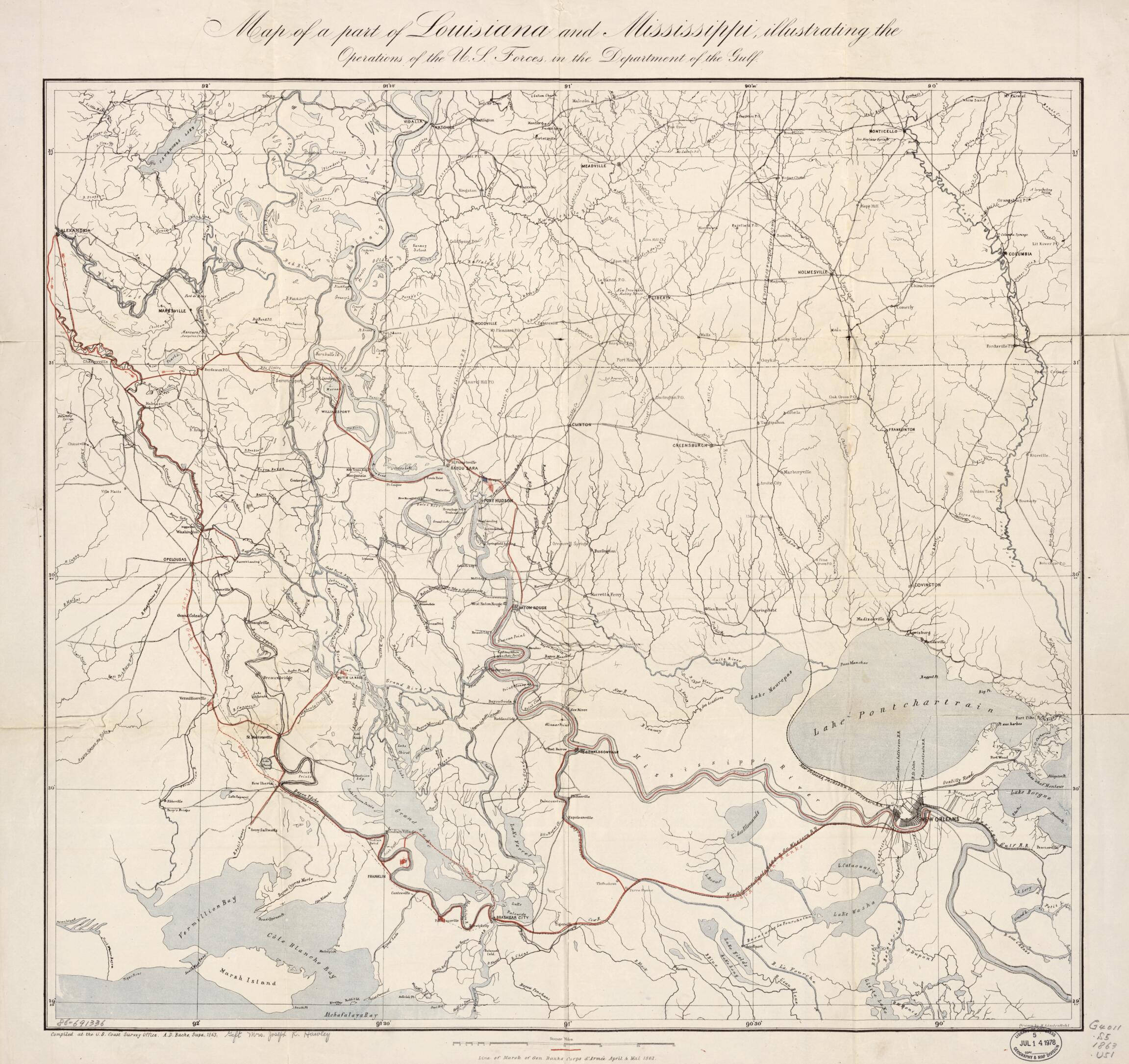 This old map of Map of a Part of Louisiana and Mississippi : Illustrating the Operations of the U.S. Forces In the Department of the Gulf from 1863 was created by A. D. (Alexander Dallas) Bache, Joseph R. (Joseph Roswell) Hawley, H. (Henry) Lindenkohl,