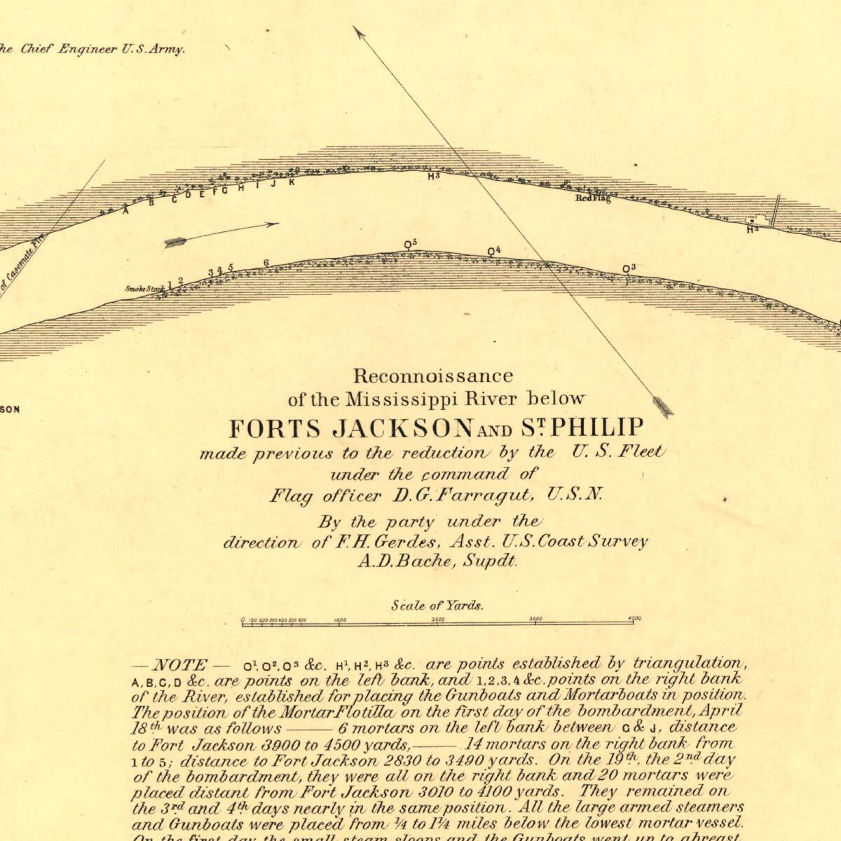 This old map of Reconnoissance of the Mississippi River Below Forts Jackson and St. Philip : Made Previous to the Reduction by the U.S. Fleet, Under the Command of Flag Officer D.G. Farragut, U.S.N from 1862 was created by A. D. (Alexander Dallas) Bache,