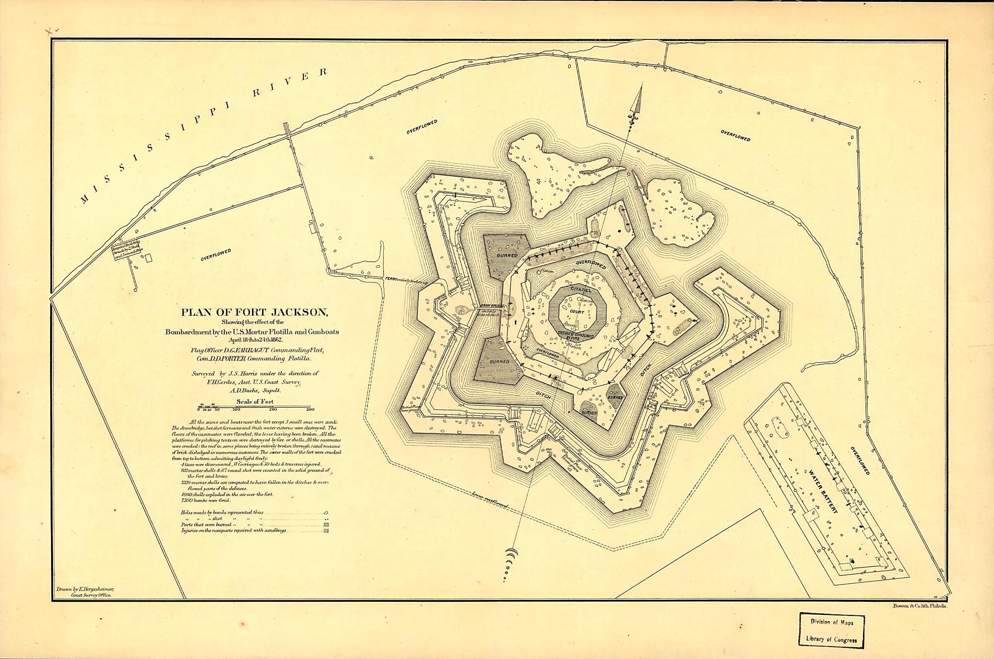 This old map of Plan of Fort Jackson, Showing the Effect of the Bombardment by the U.S. Mortar Flotilla and Gunboats, April 18th to 24th from 1862 : Flag Officer D.G. Farragut Commanding Fleet, Com. D.D. Porter Commanding Flotilla was created by A. D. (A