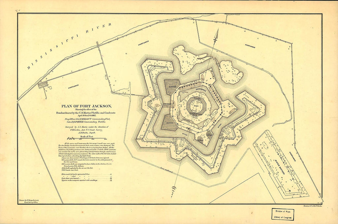 This old map of Plan of Fort Jackson, Showing the Effect of the Bombardment by the U.S. Mortar Flotilla and Gunboats, April 18th to 24th from 1862 : Flag Officer D.G. Farragut Commanding Fleet, Com. D.D. Porter Commanding Flotilla was created by A. D. (A