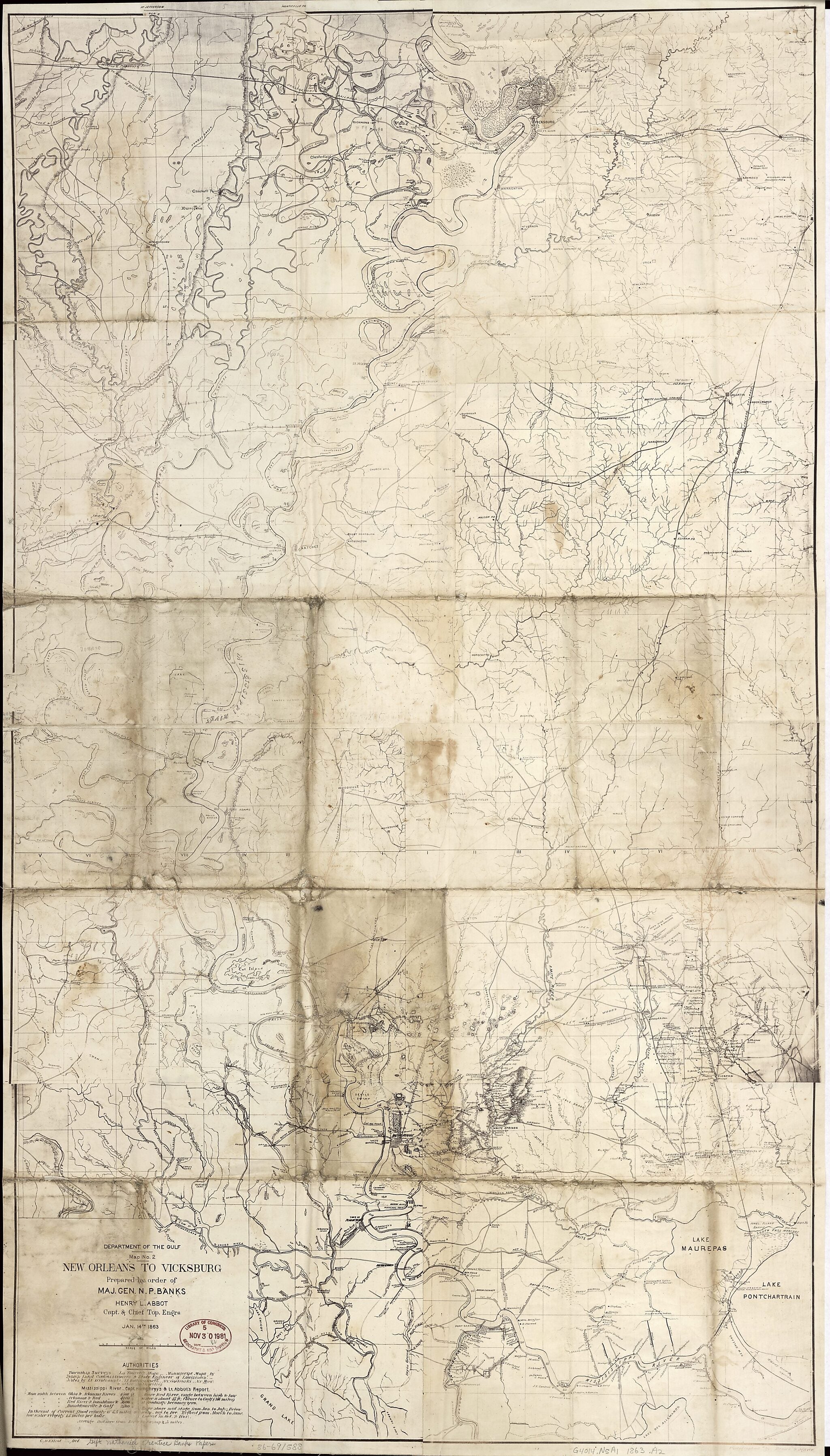 This old map of New Orleans to Vicksburg from 1863 was created by Henry L. Abbot, Nathaniel Prentiss Banks, Brown & Ogilvie, Charles Darwin Elliot, United States. Army. Department of the Gulf in 1863