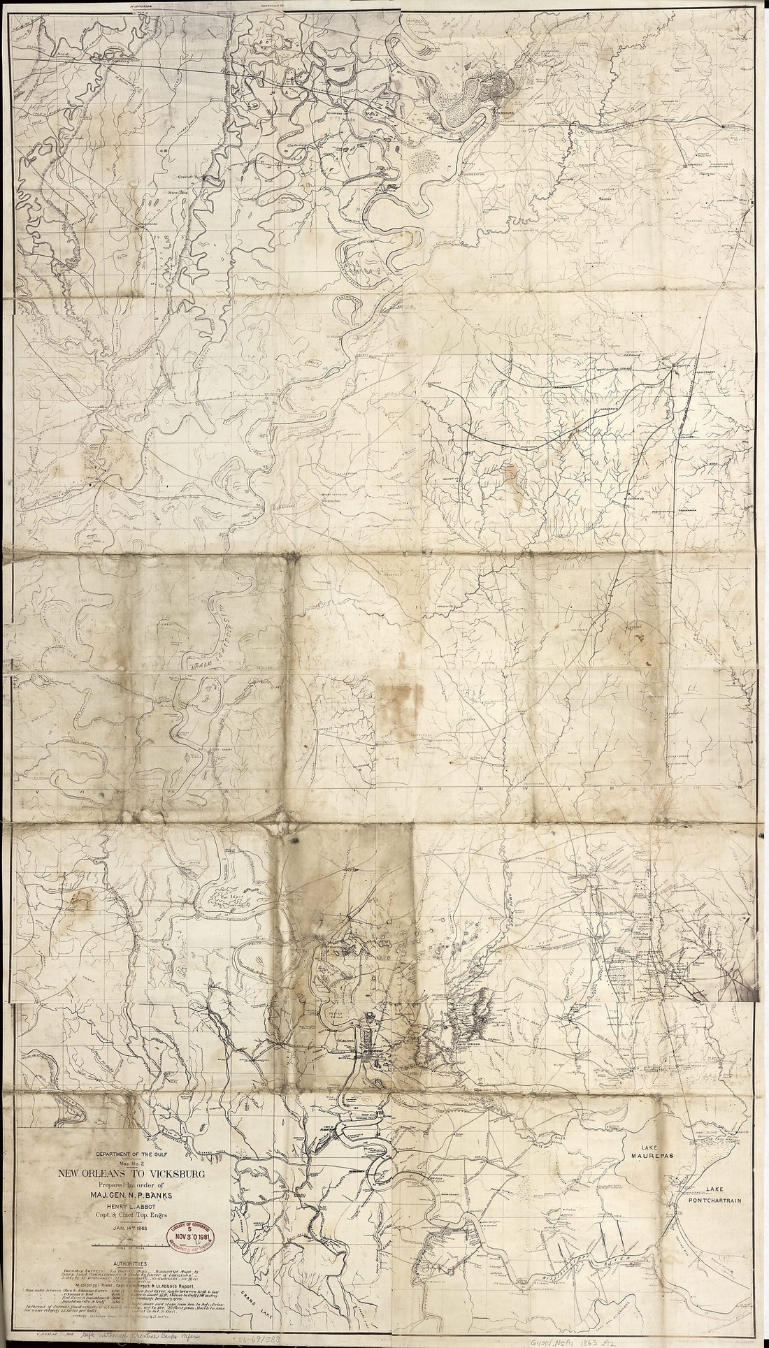 This old map of New Orleans to Vicksburg from 1863 was created by Henry L. Abbot, Nathaniel Prentiss Banks, Brown & Ogilvie, Charles Darwin Elliot, United States. Army. Department of the Gulf in 1863