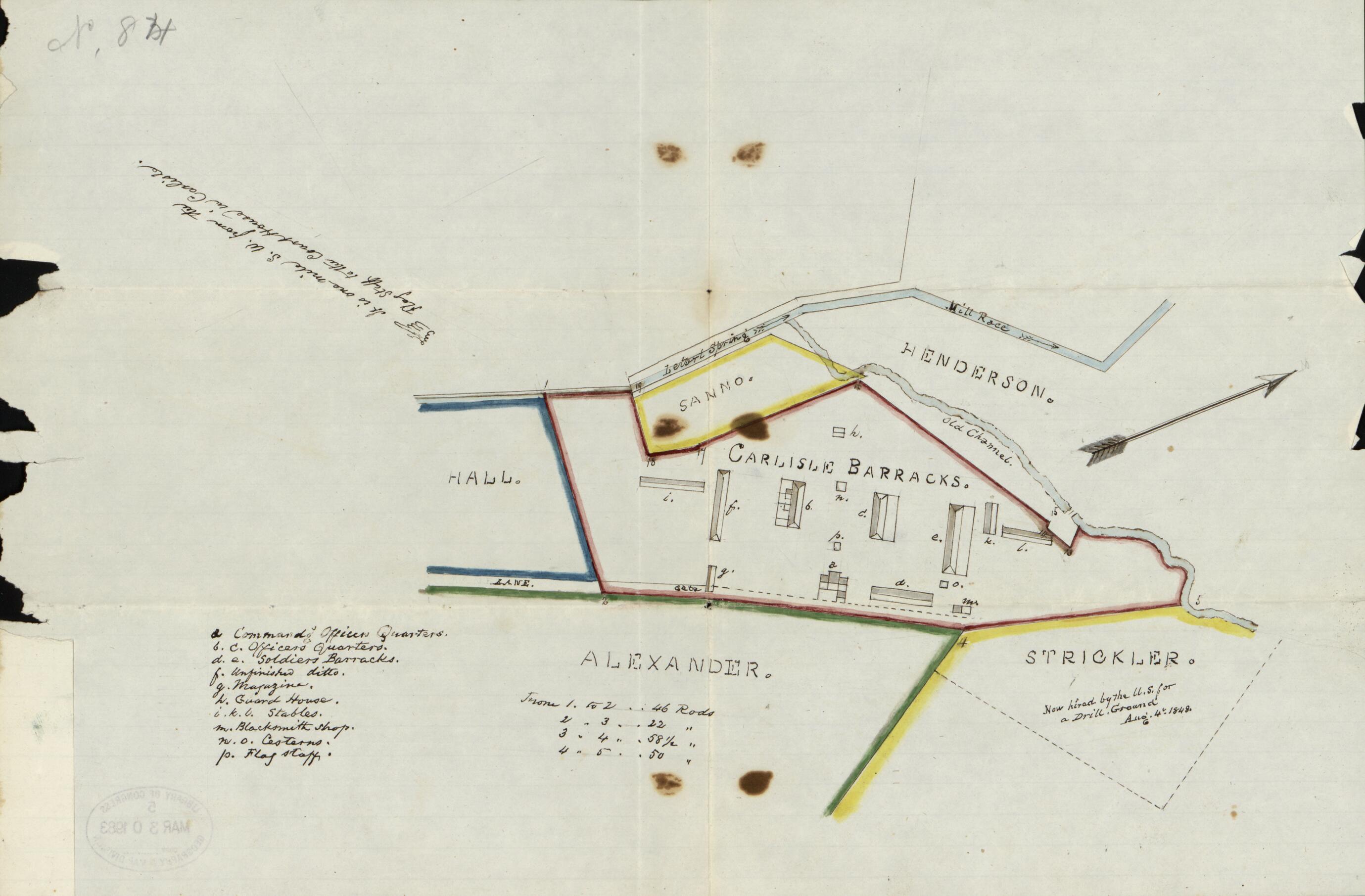 This old map of Map of the Carlisle Barracks, Carlisle, Pennsylvania from 1848 was created by O. M. (Orlando Metcalfe) Poe in 1848