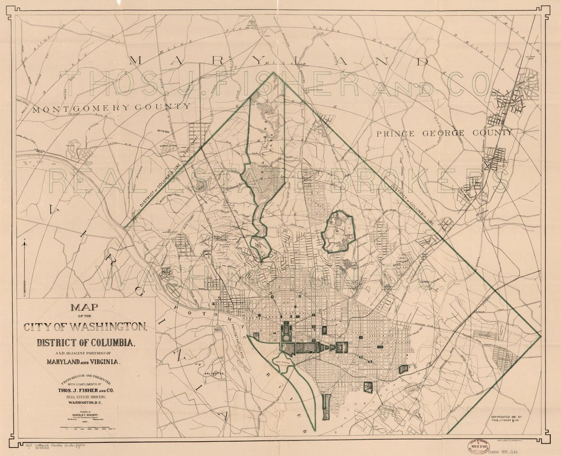 This old map of Map of the City of Washington, District of Columbia, and Adjacent Portions of Maryland and Virginia from 1891 was created by Nathaniel Prentiss Banks, W. Kesley Schoepf, Thos. J. Fisher and Co in 1891