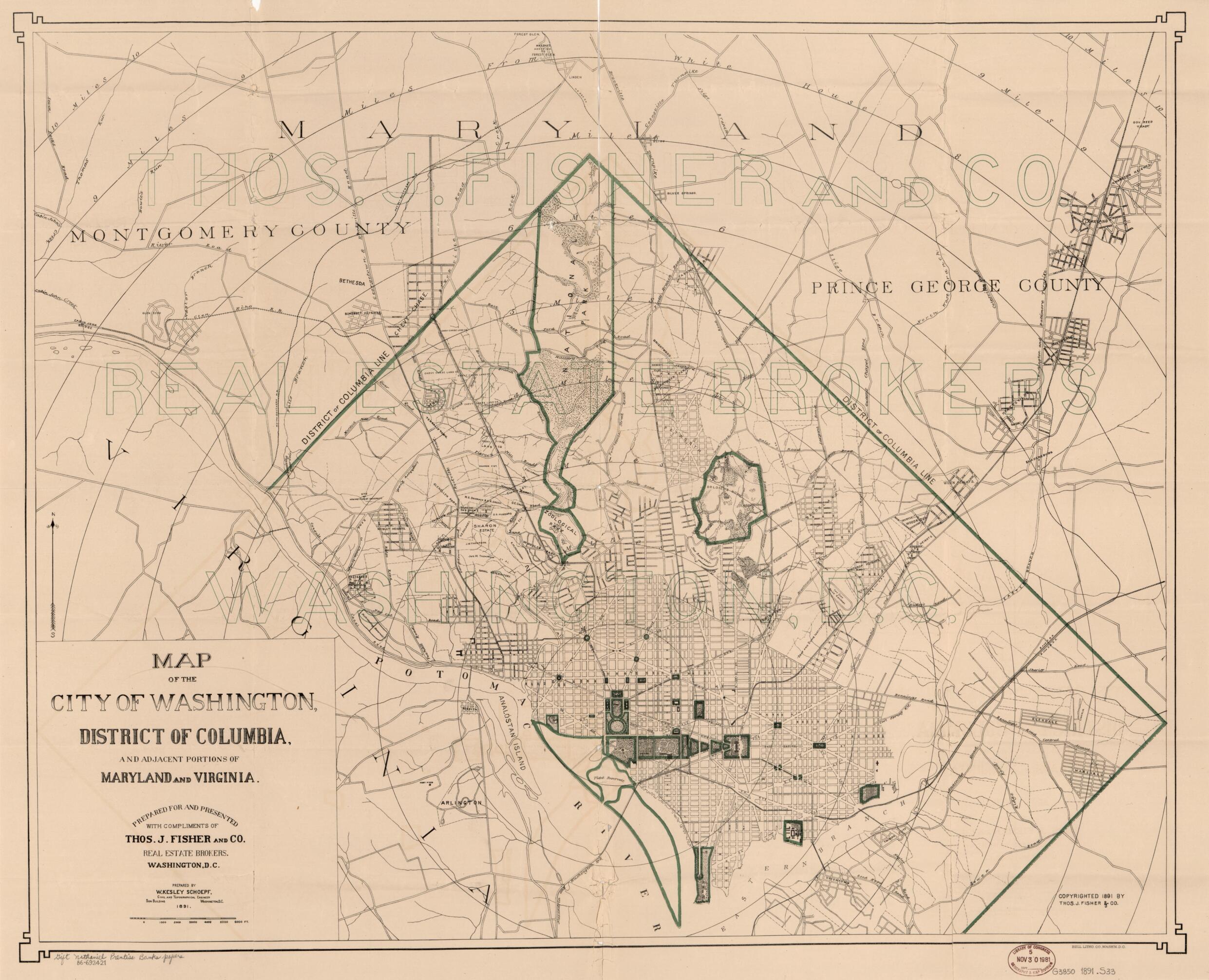 This old map of Map of the City of Washington, District of Columbia, and Adjacent Portions of Maryland and Virginia from 1891 was created by Nathaniel Prentiss Banks, W. Kesley Schoepf, Thos. J. Fisher and Co in 1891