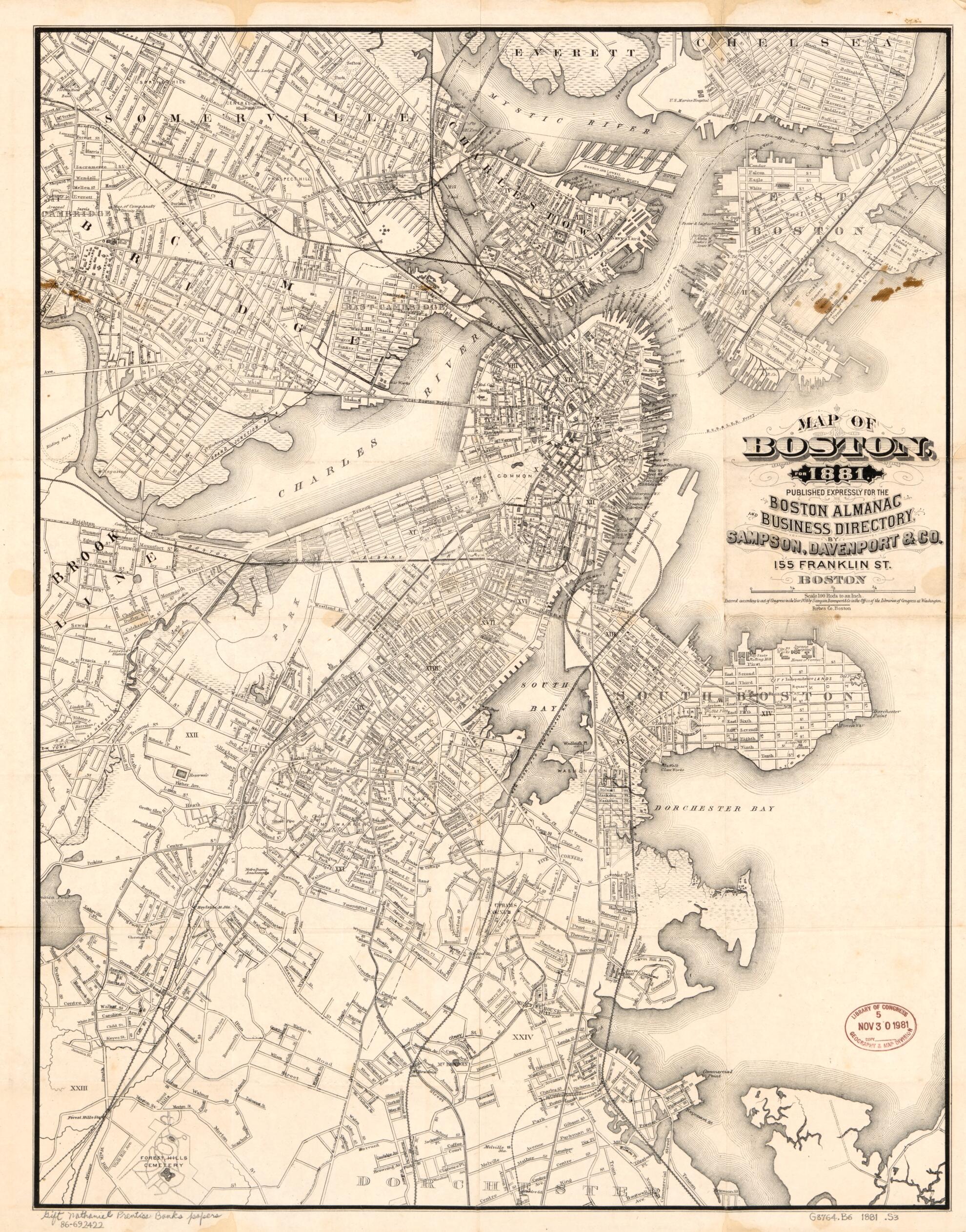 This old map of Map of Boston for from 1881 was created by Nathaniel Prentiss Banks, Davenport & Co Sampson in 1881