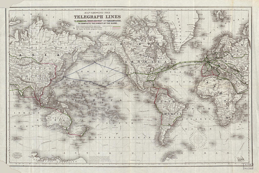 This old map of Map Showing the Telegraph Lines In Operation, Under Contract, and Contemplated, to Complete the Circuit of the Globe from 1855 was created by Nathaniel Prentiss Banks, G.W. & C.B. Colton & Co, J.H. Colton & Co in 1855