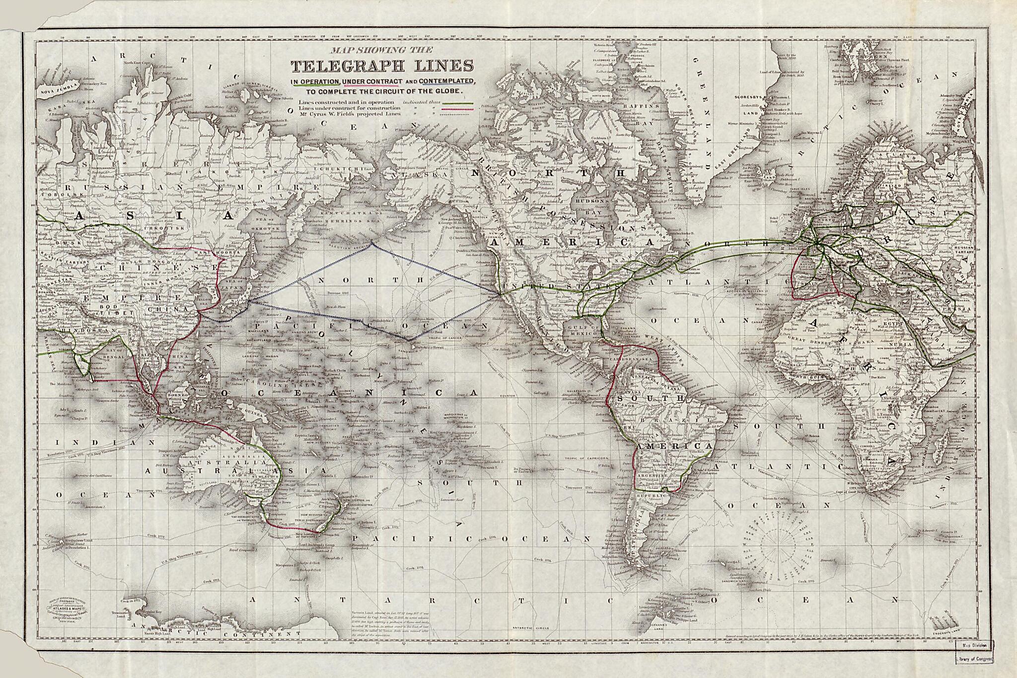 This old map of Map Showing the Telegraph Lines In Operation, Under Contract, and Contemplated, to Complete the Circuit of the Globe from 1855 was created by Nathaniel Prentiss Banks, G.W. & C.B. Colton & Co, J.H. Colton & Co in 1855
