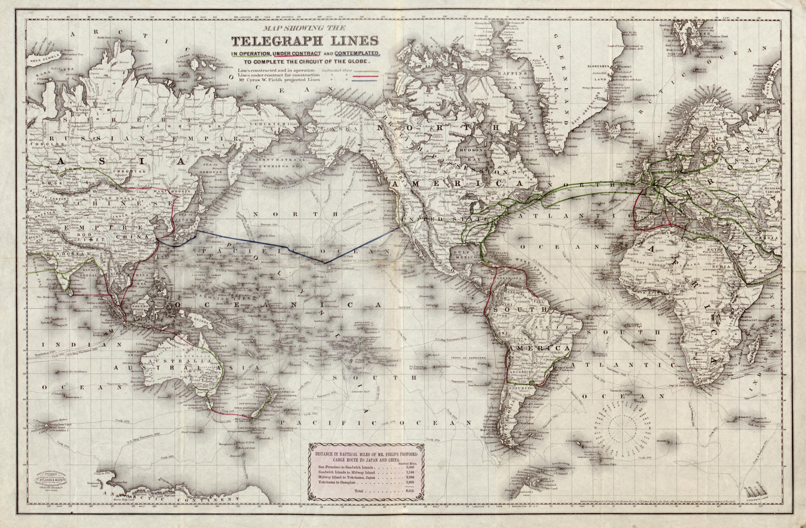 This old map of Map Showing the Telegraph Lines In Operation, Under Contract, and Contemplated, to Complete the Circuit of the Globe from 1871 was created by Nathaniel Prentiss Banks, G.W. & C.B. Colton & Co, J.H. Colton & Co in 1871