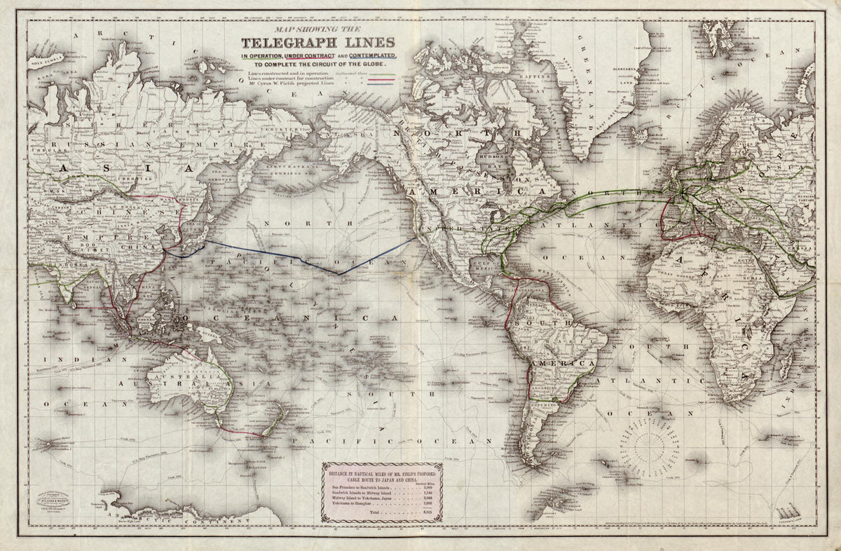 Map Showing the Telegraph Lines In Operation, Under Contract, and Contemplated, to Complete the Circuit of the Globe 1871 by Relic Map Company