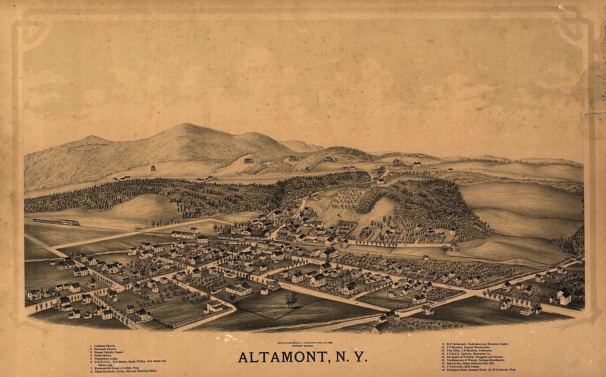 This old map of Altamont, New York from 1889 was created by L. R. (Lucien R.) Burleigh in 1889