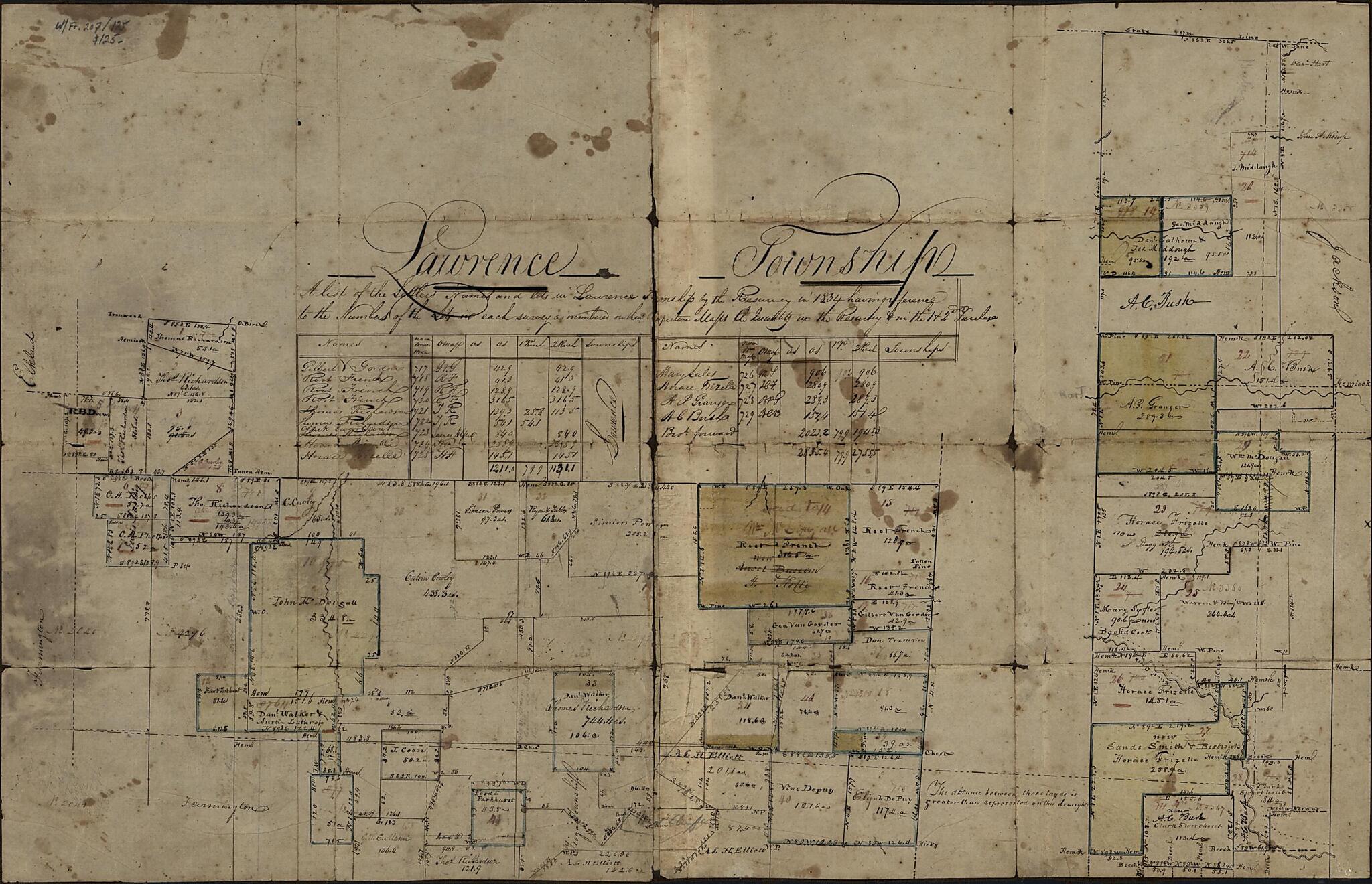 This old map of Lawrence Township : a List of the Settlers Names and Lots In Lawrence Township by the Resurvey In from 1834 Having Reference to the Numbers of the Lots In Each Survey As Numbers On Their Respective Maps the Quantity In the Resurvey & In t