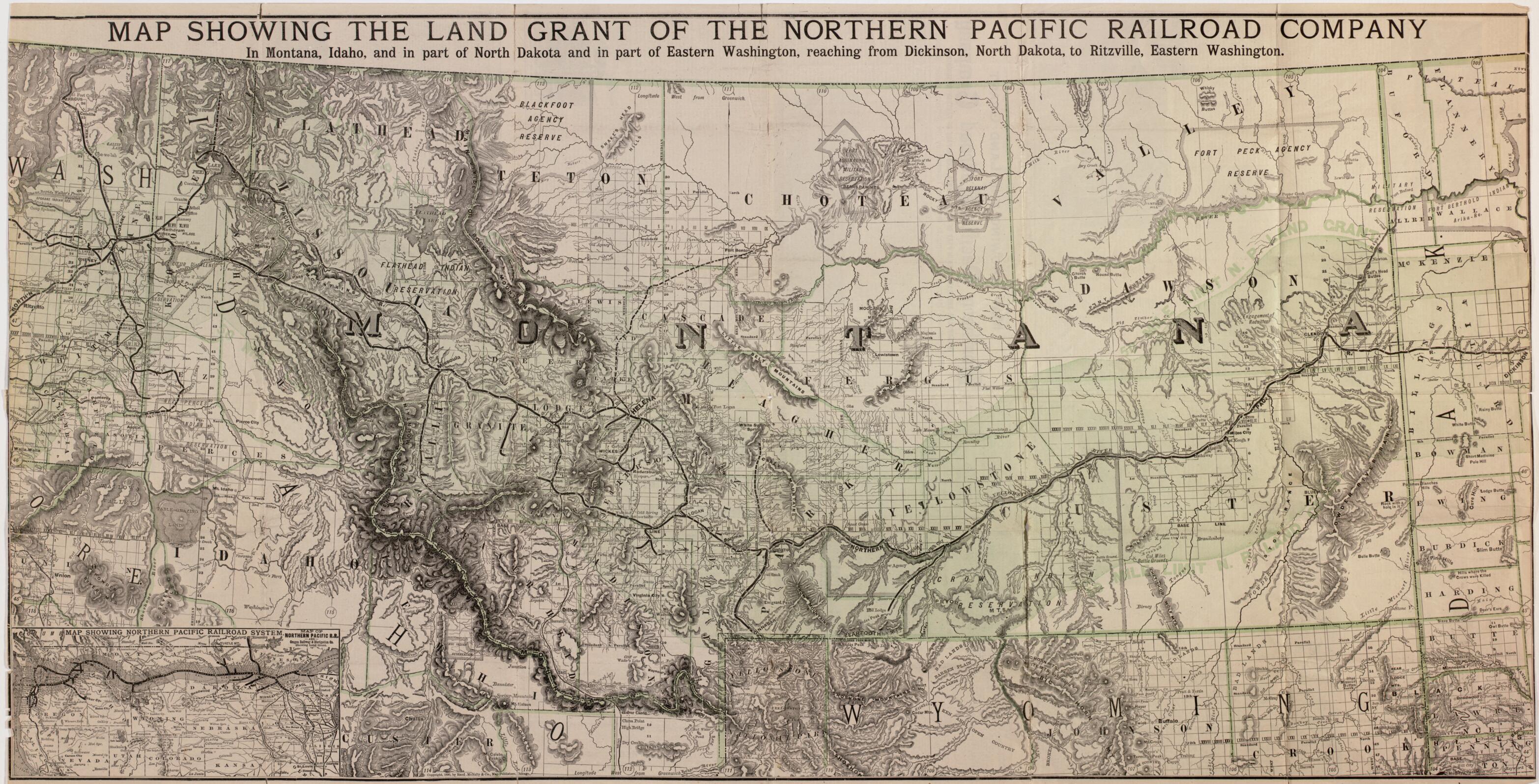 Map Showing the Land Grant of the Northern Pacific Railroad Company In Montana, Idaho, and In Part of North Dakota, and In Part of Eastern Washington, Reaching from Dickinson, North Dakota, to Ritzville, Eastern Washington 1890 by Relic Map Company