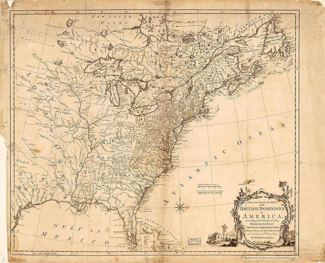 This old map of A New and Accurate Map of the British Dominions In America, According to the Treaty of from 1763, Divided Into the Several Provinces and Jurisdictions : Projected Upon the Best Authorities and Astronomical Observations was created by Thom