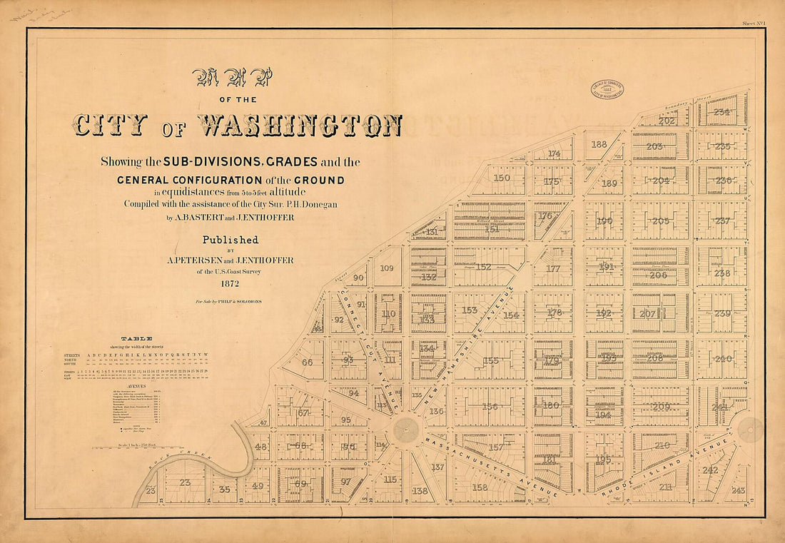 This old map of Divisions, Grades, and the General Configuration of the Ground In Equidistances from 5 to 5 Feet Altitude from 1872 was created by Bastert A., P. H. Donegan, J. (Joseph) Enthoffer in 1872