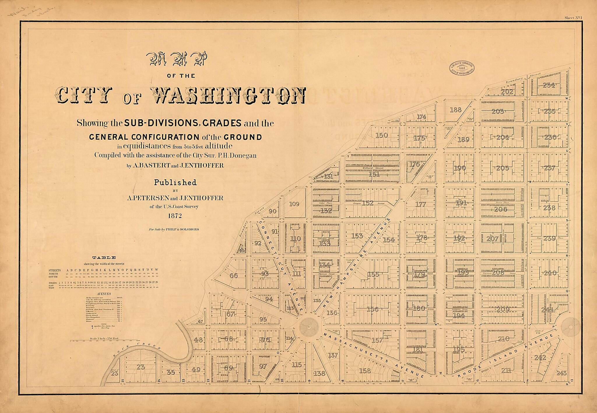 This old map of Divisions, Grades, and the General Configuration of the Ground In Equidistances from 5 to 5 Feet Altitude from 1872 was created by Bastert A., P. H. Donegan, J. (Joseph) Enthoffer in 1872