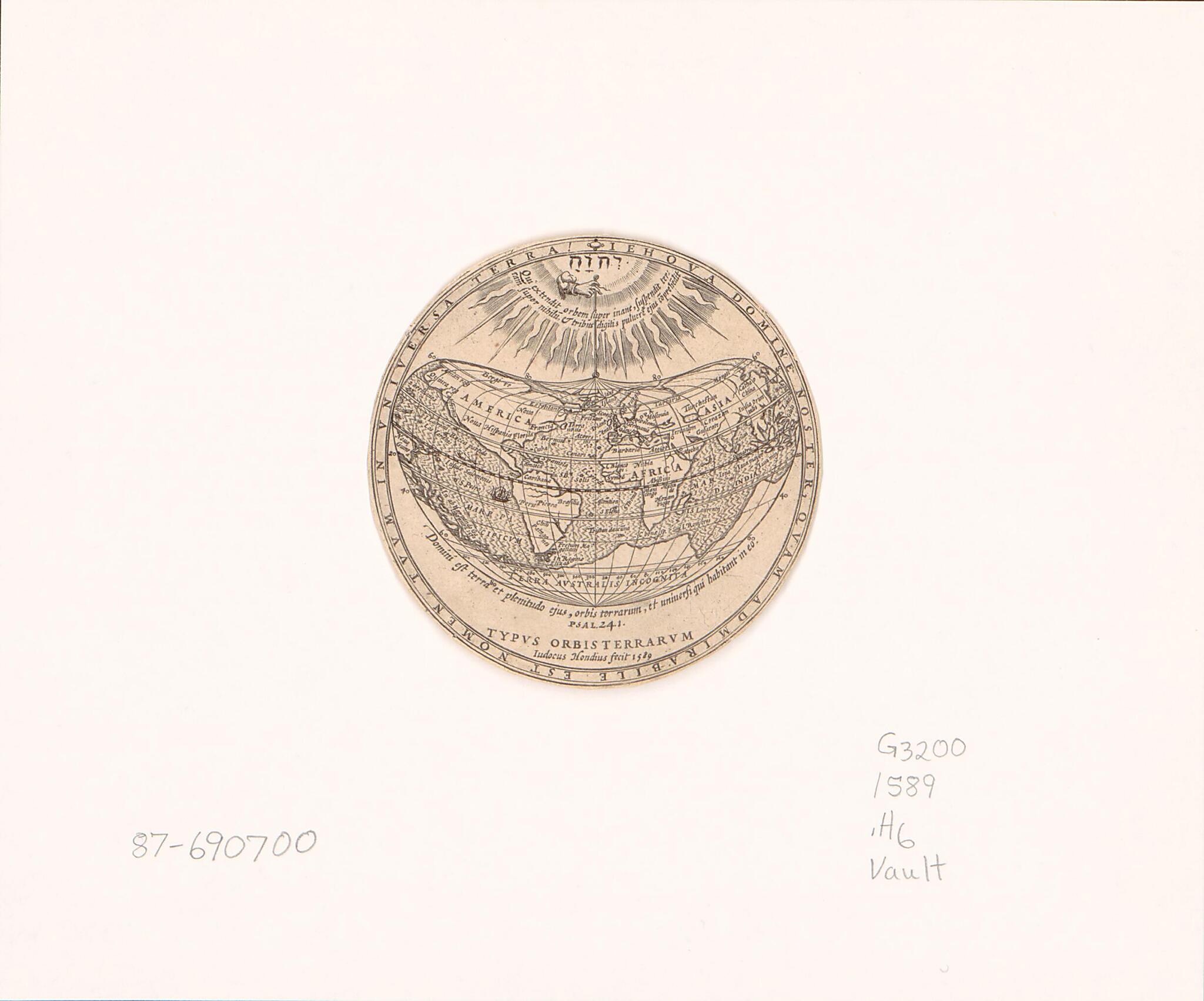 This old map of Typvs Orbis Terrarvm from 1589 was created by Jodocus Hondius in 1589