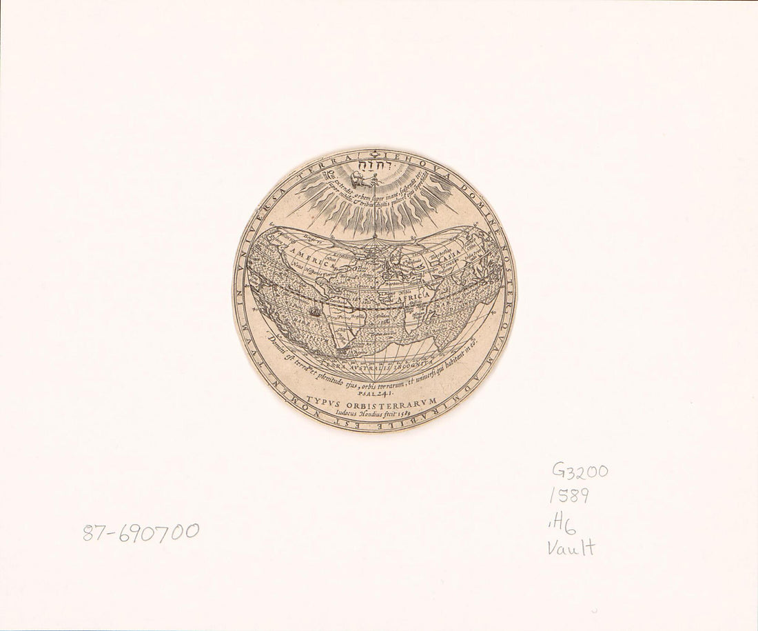 This old map of Typvs Orbis Terrarvm from 1589 was created by Jodocus Hondius in 1589