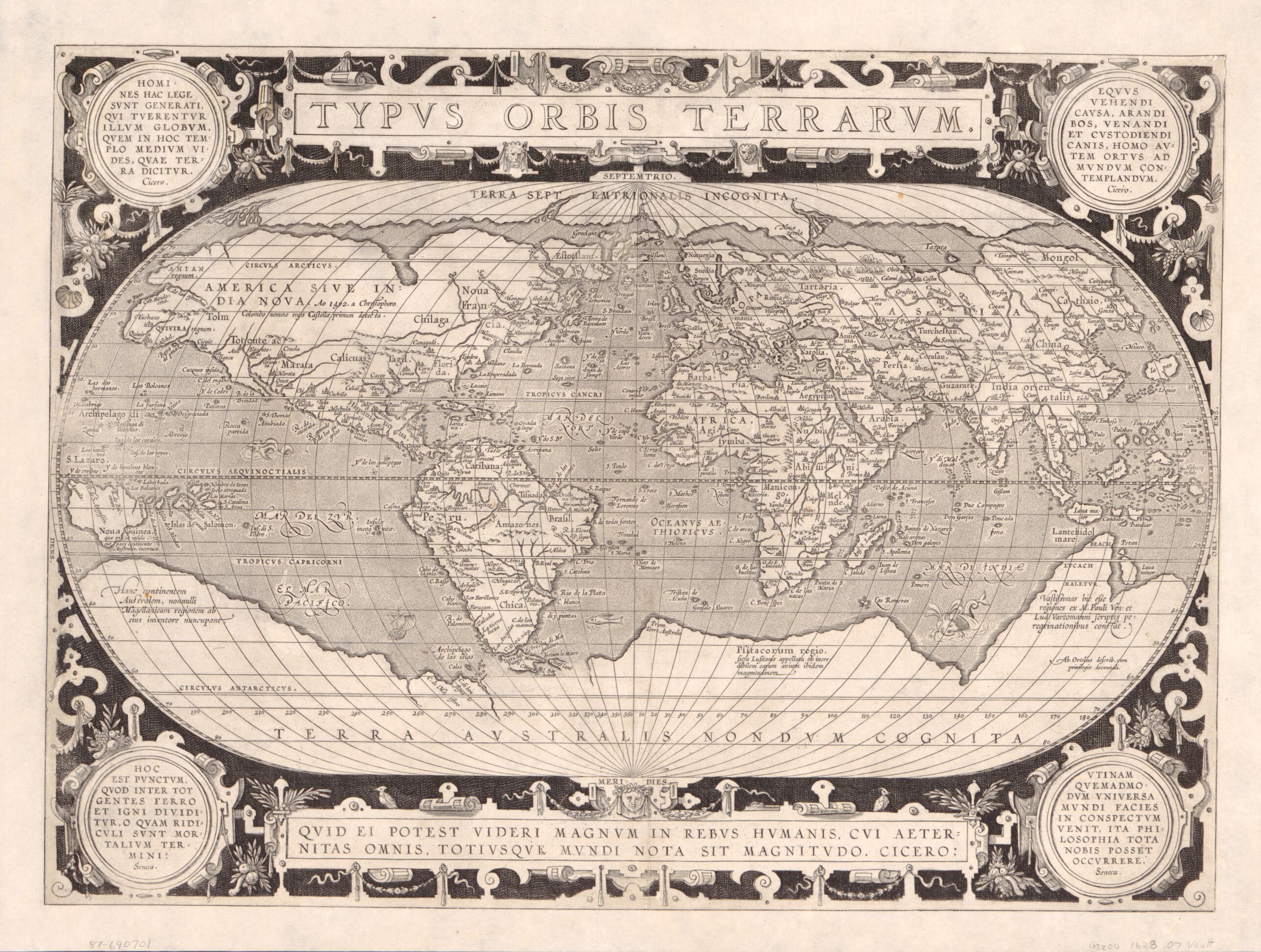This old map of Typvs Orbis Terrarvm from 1628 was created by Abraham Ortelius in 1628